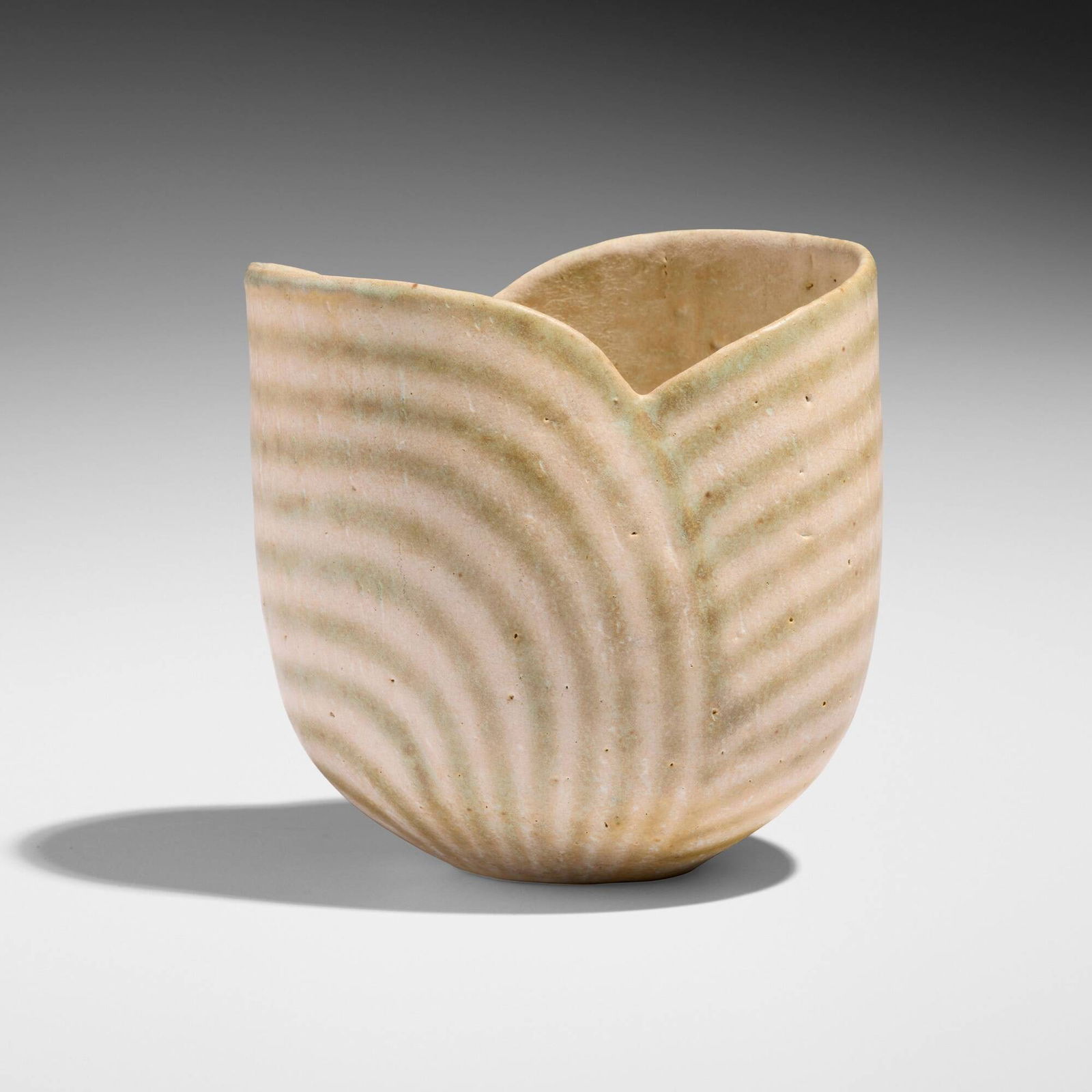 John Ward, Untitled (White Vessel with Green Stripes): John Ward Untitled (White Vessel with Green Stripes) glazed stoneware 4.5 h x 4.5 w x 3.5 d in (11 x 11 x 9 cm) Impressed artist's chop mark to underside 'JW'. This work will shi