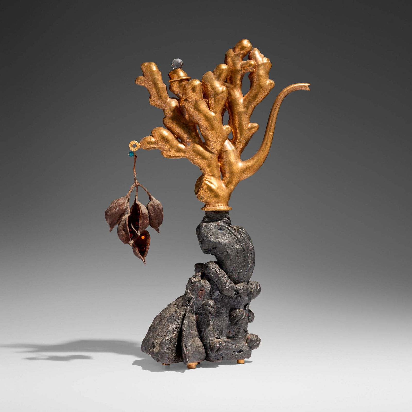 Adrian Saxe, Untitled Ewer (St. Beverly Hills): Adrian Saxe Untitled Ewer (St. Beverly Hills) 1995glazed porcelain, crystal, found objects 19 h x 12 w x 5.75 d in (48 x 30 x 15 cm) Impressed signature and date to underside 'Saxe 95'. Sold w