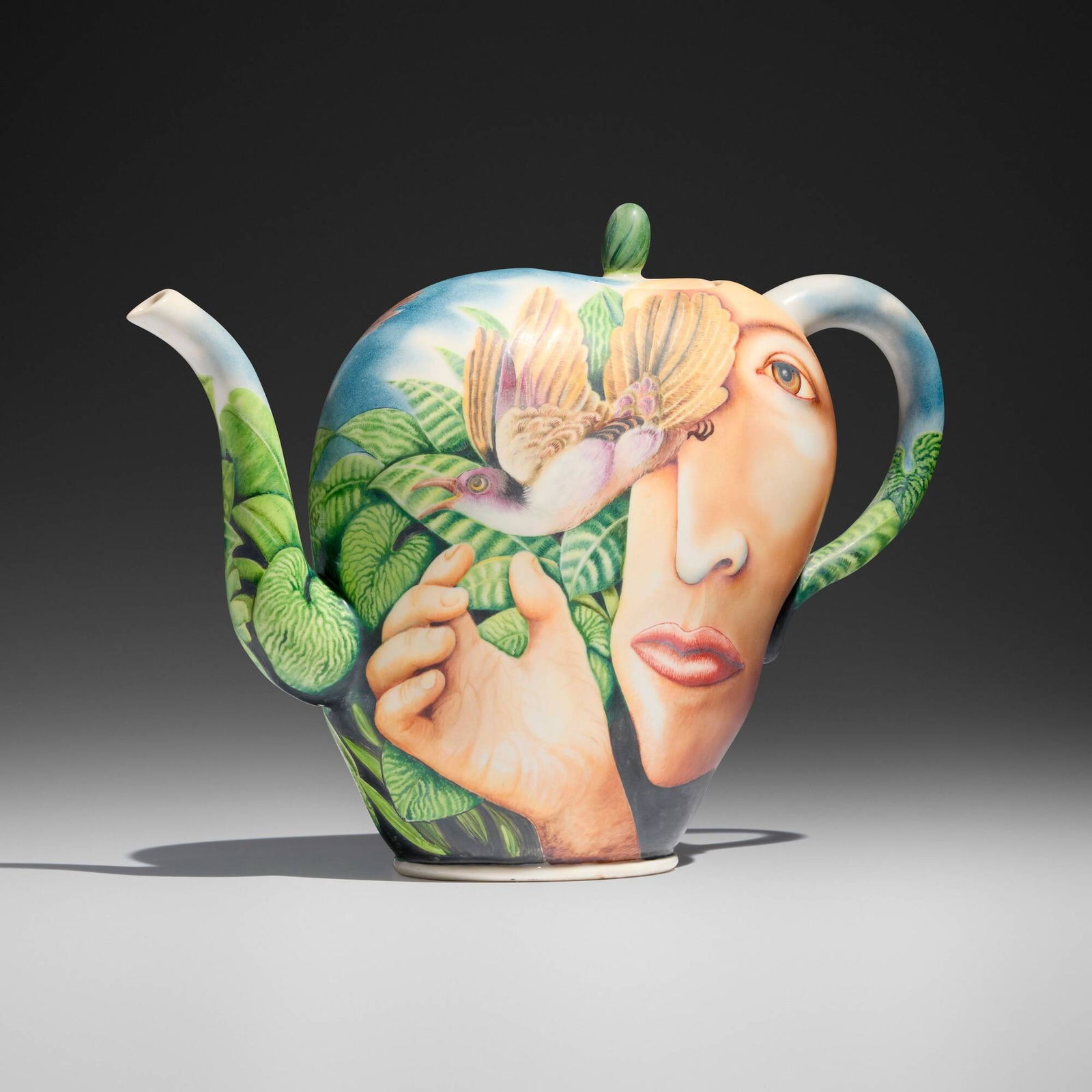Kurt Weiser, Untitled (teapot): Kurt Weiser Untitled (teapot) c. 1993china-painted porcelain 10.5 h x 14.375 w x 4.875 d in (27 x 37 x 12 cm) Incised signature to underside and base 'Weiser'. Provenance:
