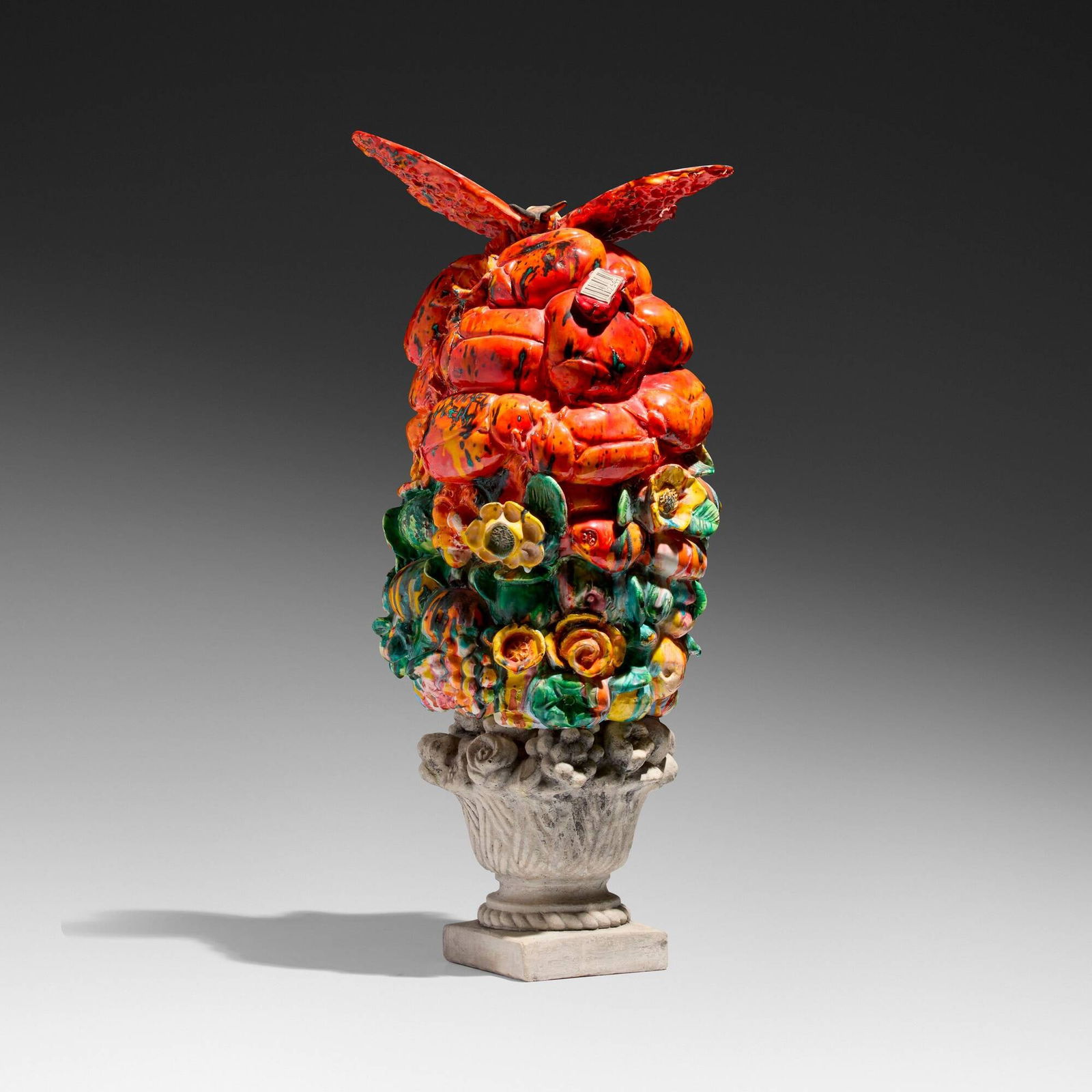 Michael Lucero, Bouquet with Moth (from the Reclamation series): Michael Lucero Bouquet with Moth (from the Reclamation series) 1996glazed and hand-painted earthenware, found cement sculpture 33 h x 13 w x 13 d in (84 x 33 x 33 cm) Signed and numbered 'Mich