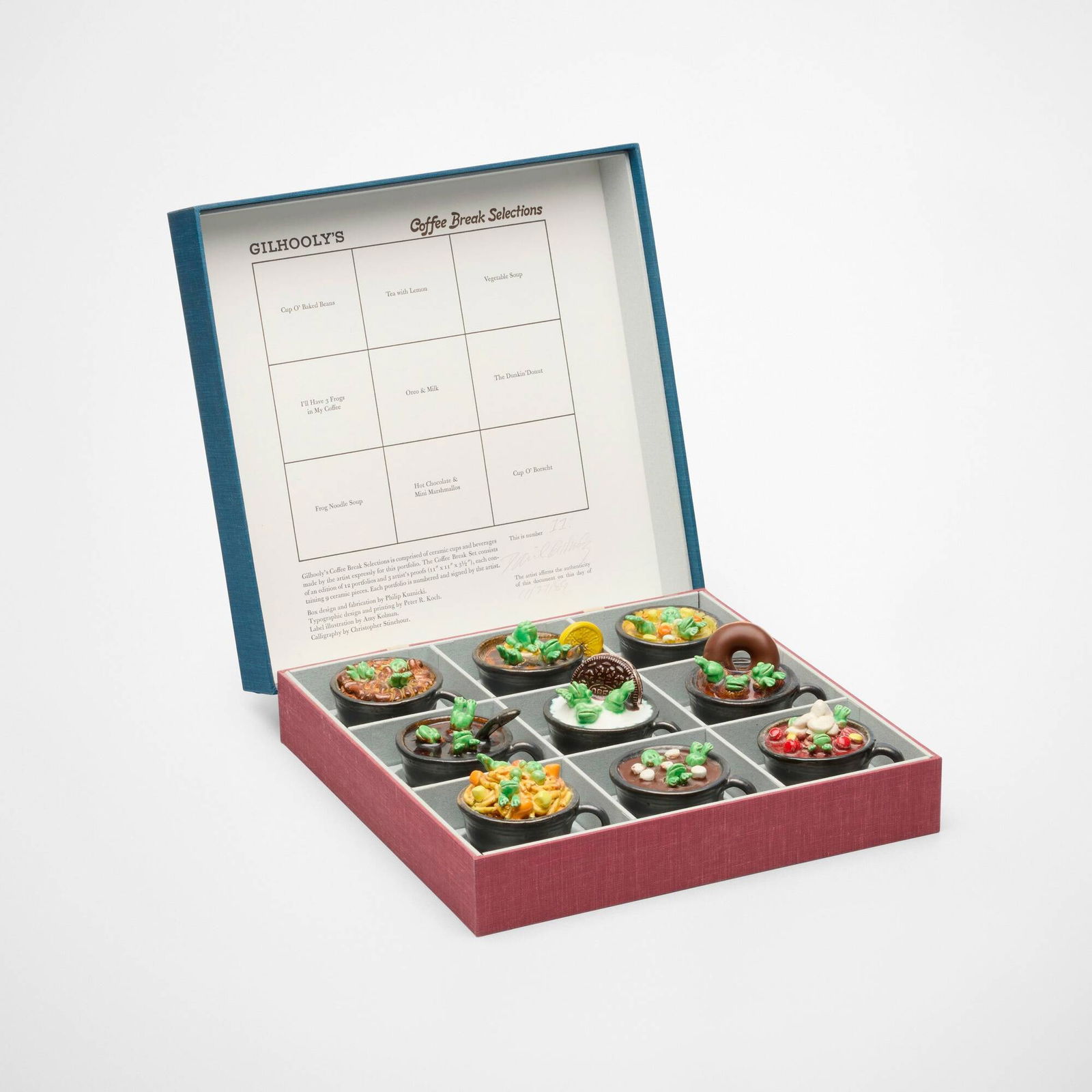 David Gilhooly, Gilhooy's Coffee Break Sampler Number 11: David Gilhooly Gilhooy's Coffee Break Sampler Number 11 1989-90glazed earthenware, canvas over board, printed paper each approximately: 3 h x 3.5 w x 3 d in (8 x 9 x 8 cm) box: 3.5 h x 11 w x 11.5