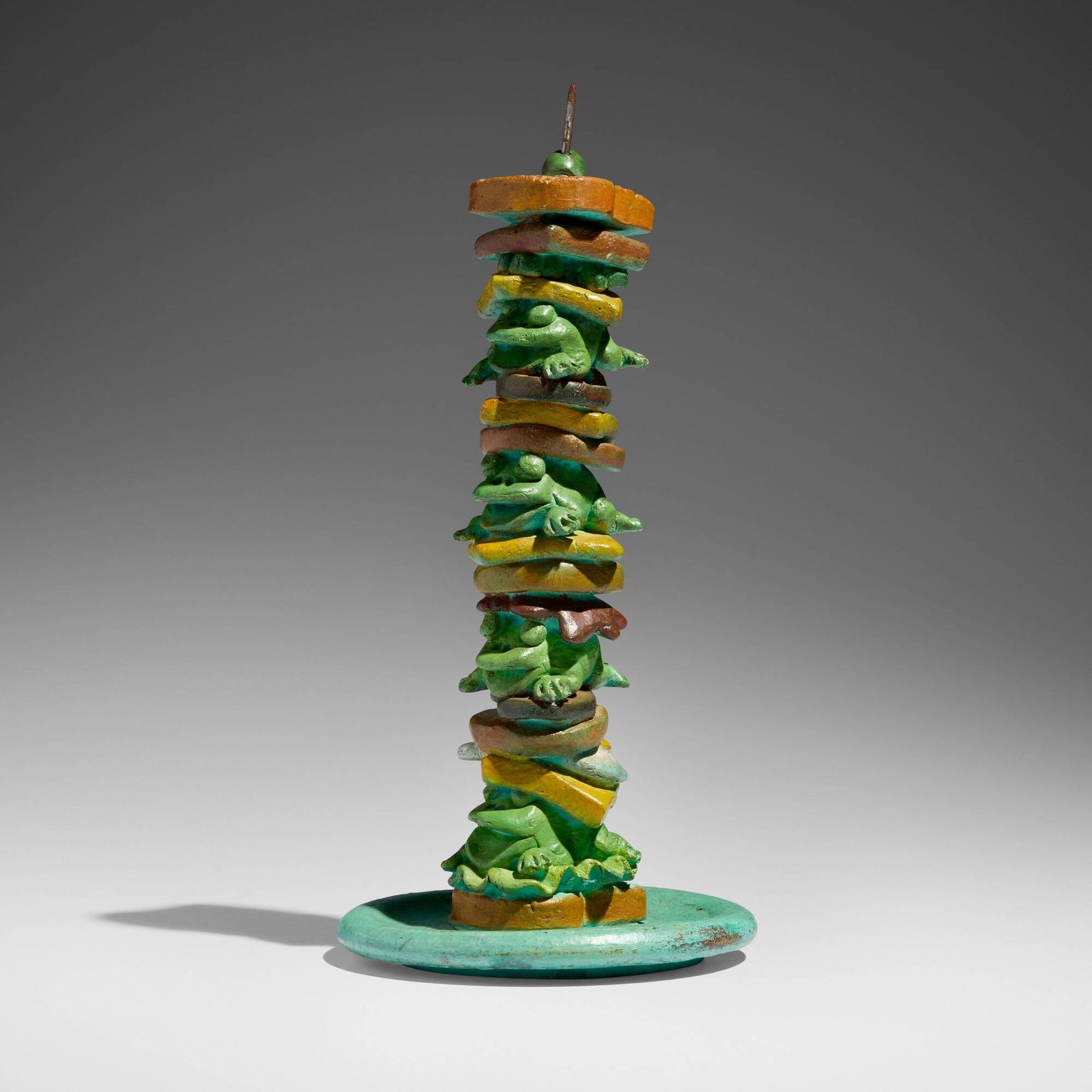 David Gilhooly, Frog Kabob: David Gilhooly Frog Kabob 1991polychromed bronze 11.5 h x 5.5 dia in (29 x 14 cm) Incised signature, date and number to underside 'Gilhooly 91 1/10' with foundry mark 'JA PL'. This work is num