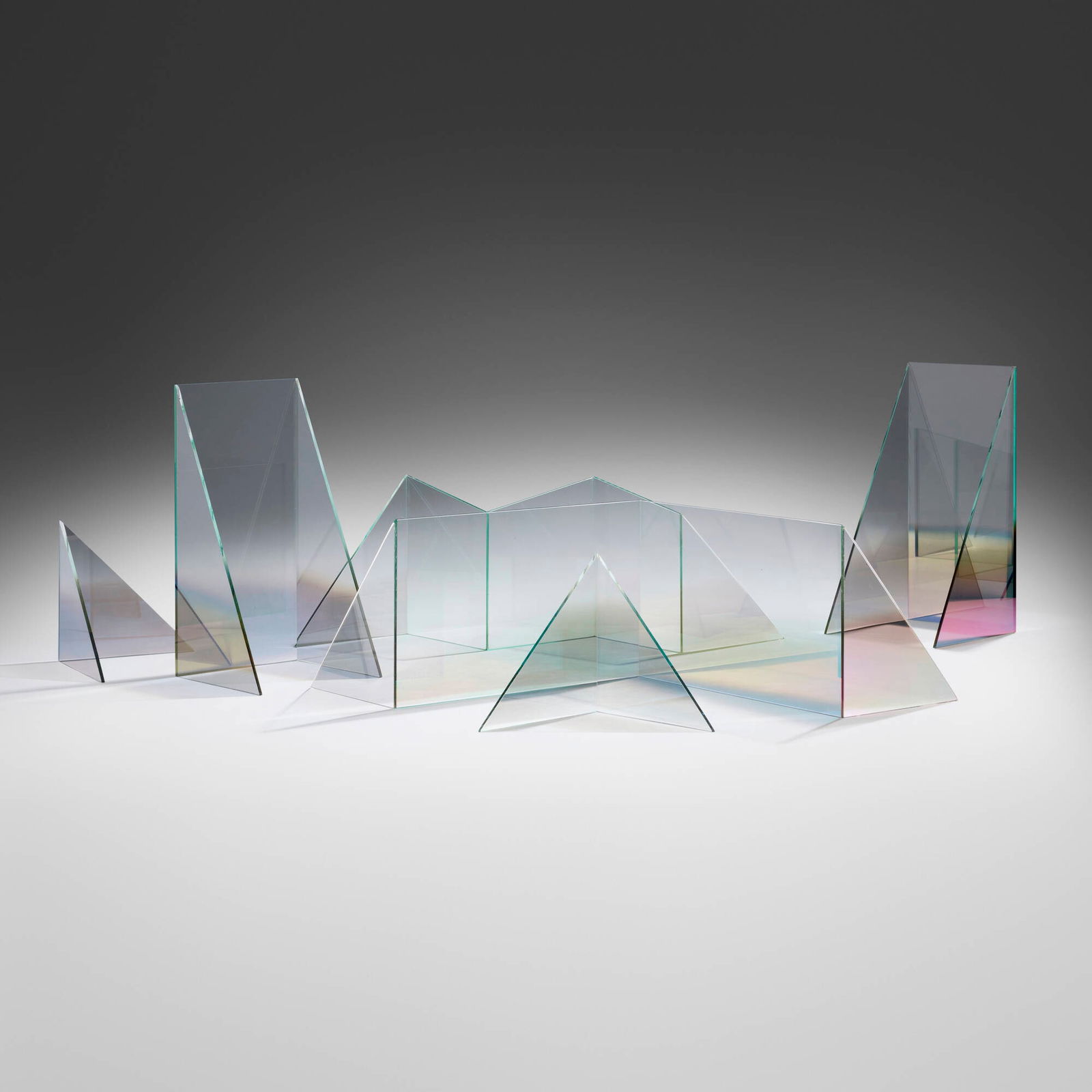 Larry Bell, Untitled (Maquette): Larry Bell Untitled (Maquette) 1987coated glass largest: 6 h x 21.5 w x 7.5 d in (15 x 55 x 19 cm) smallest: 5 h x 7 w x 3.5 d in (13 x 18 x 9 cm) Work is comprised of six glass elements th