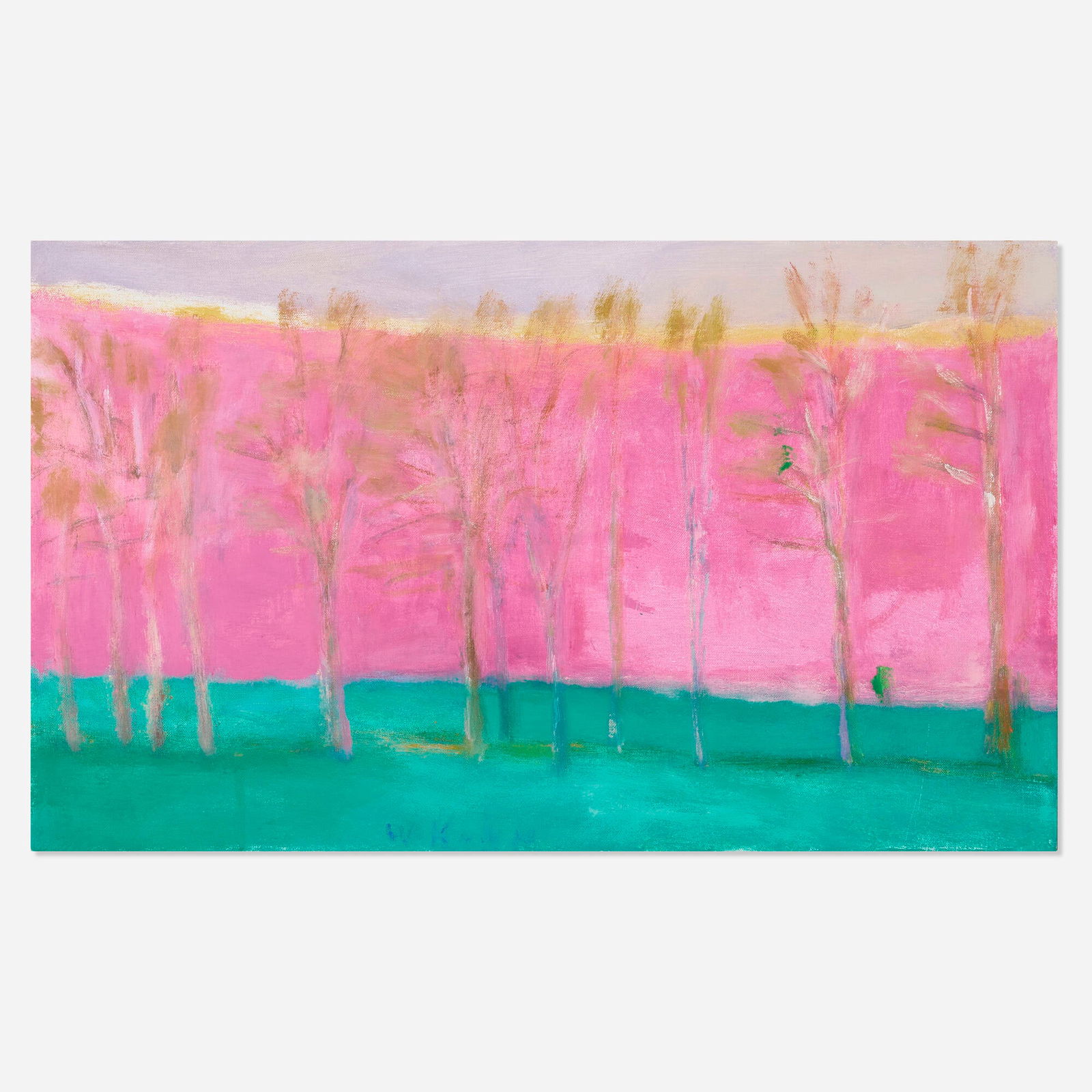 Wolf Kahn, Slow Arcs in a Landscape: Wolf Kahn Slow Arcs in a Landscape 1997oil on linen 11.875 h x 20 w in (30 x 51 cm) Signed to lower edge 'W. Kahn'. Titled, dated and inscribed to verso 'Slow Arcs in a Landscape #1997/52'.