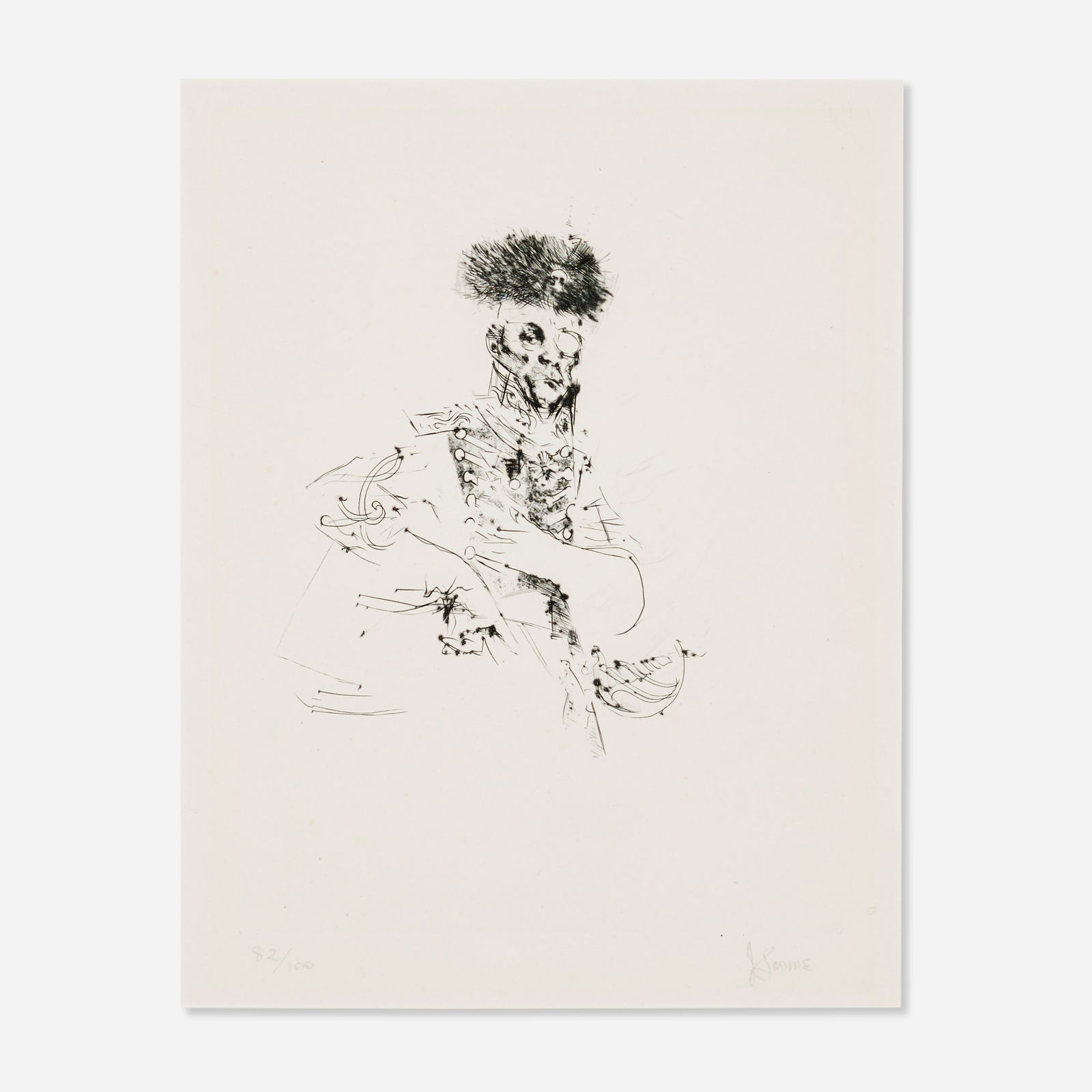 Jack Levine, Death’s Head Hussar: Jack Levine Death’s Head Hussar 1965etching on BFK Rives image: 11.75 h × 9 w in (30 × 23 cm) sheet: 21.5 h × 15 w in (55 × 38 cm) Signed and numbered to lo