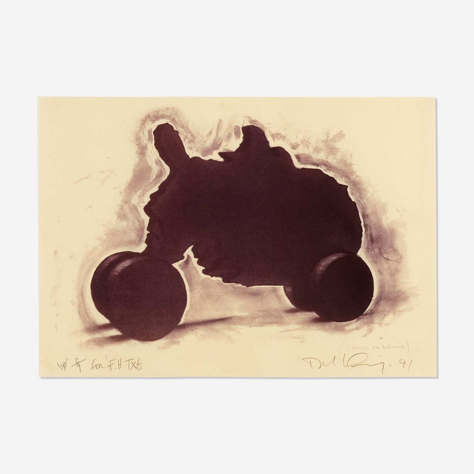 Robert Longo, America on Wheels: Robert Longo America on Wheels 1991lithograph 20.75 h × 29.75 w in (53 × 76 cm) Signed, dated, numbered and inscribed to lower edge ‘W/P 2/9 For F.H. TxG Robert Longo 91&#