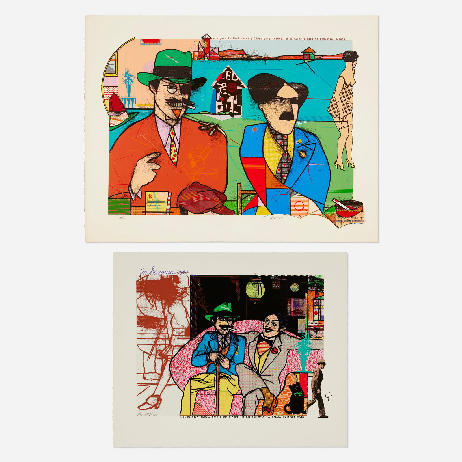 Richard Merkin, In Havana; A Cigarette that Bears a Lipstick's traces... (two works): Richard Merkin In Havana; A Cigarette that Bears a Lipstick's traces... (two works) screenprint in colors 24.75 h × 30 w in (63 × 76 cm) 29.125 h × 37.25 w in (74 × 95 cm)