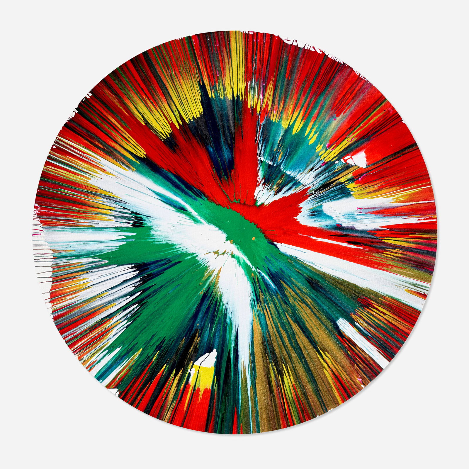 Damien Hirst, Circle Spin Painting: Damien Hirst Circle Spin Painting 2009 acrylic on paper 20.5 dia in (52 cm) This work was created with public collaboration at the Damien Hirst Spin Workshop to celebrate the opening of Requ