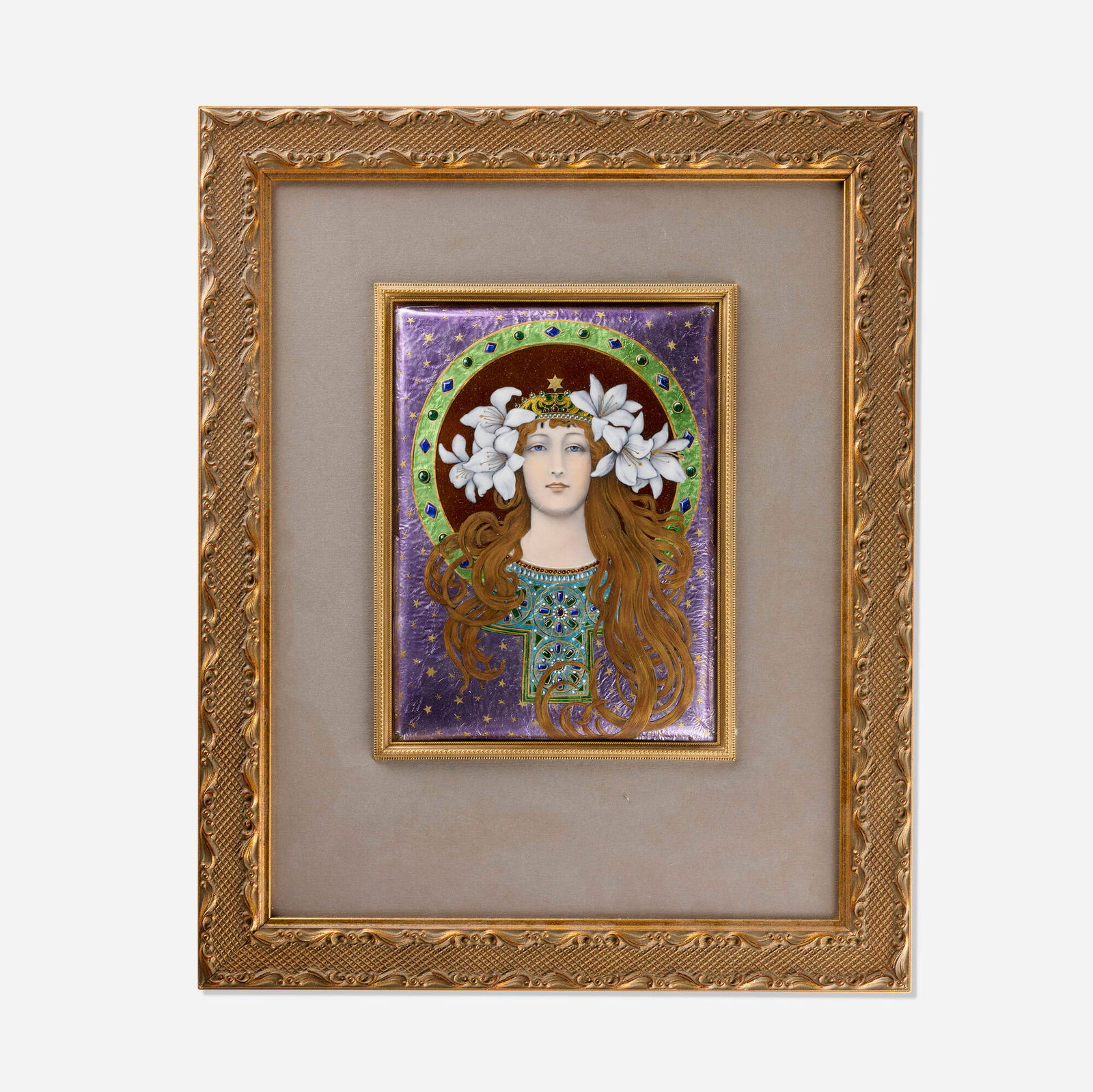 Art Nouveau, Alphonse Mucha-style plaque: Art Nouveau Alphonse Mucha-style plaque France, c. 1900enameled copper sight: 7.5 h x 5.5 w in (19 x 14 cm) This work was likely inspired by Alphonse Mucha's 1896 lithograph En l'honneur de