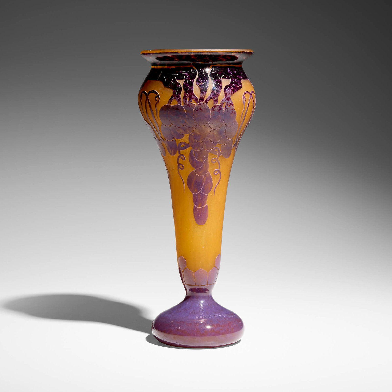 Le Verre Francais, Tall Raisins vase: Le Verre Francais Tall Raisins vase France, c. 1920 acid-etched and fire-polished cameo glass 16.5 h x 6.5 dia in (42 x 17 cm) Incised manufacturer's mark to base 'Le Verre Francais France'.
