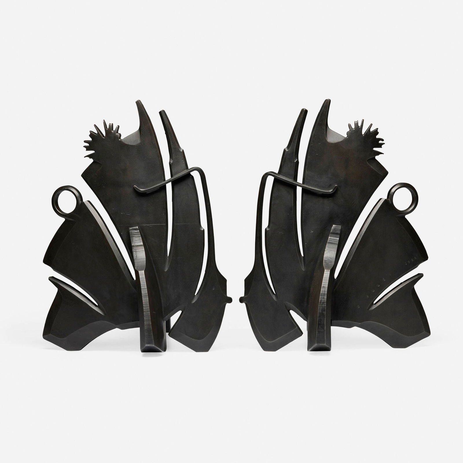 Albert Paley, Andirons, pair: Albert Paley Andirons, pair USA, 1996forged and fabricated steel with a blackened finish 16.5 h x 12.25 w x 19.75 d in (42 x 31 x 50 cm) Impressed signature and date to front of one example '?