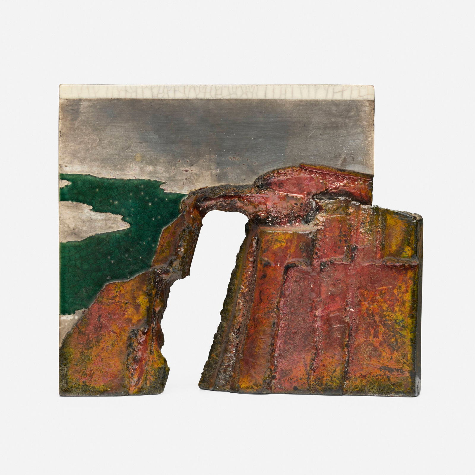 Wayne Higby, Untitled (Landscape): Wayne Higby Untitled (Landscape) c. 1990glazed and raku-fired earthenware 8 h x 9.25 w x 2.875 d in (20 x 23 x 7 cm) Artist's chop mark to reverse. Provenance: Private