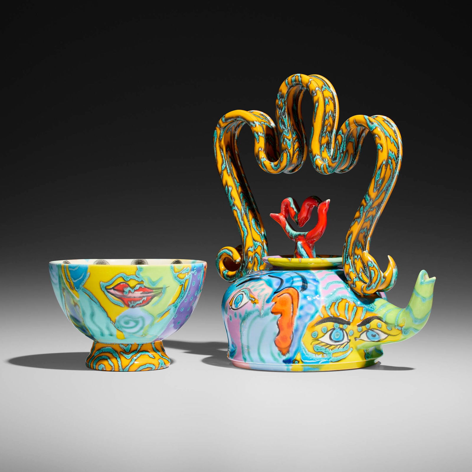 Phillip Maberry, Split Personality teapot: Phillip Maberry Split Personality teapot 1994glazed earthenware 12 h x 8.25 w x 5.5 d in (30 x 21 x 14 cm) Glazed signature and date to underside of bowl 'M 94'. Provenance: