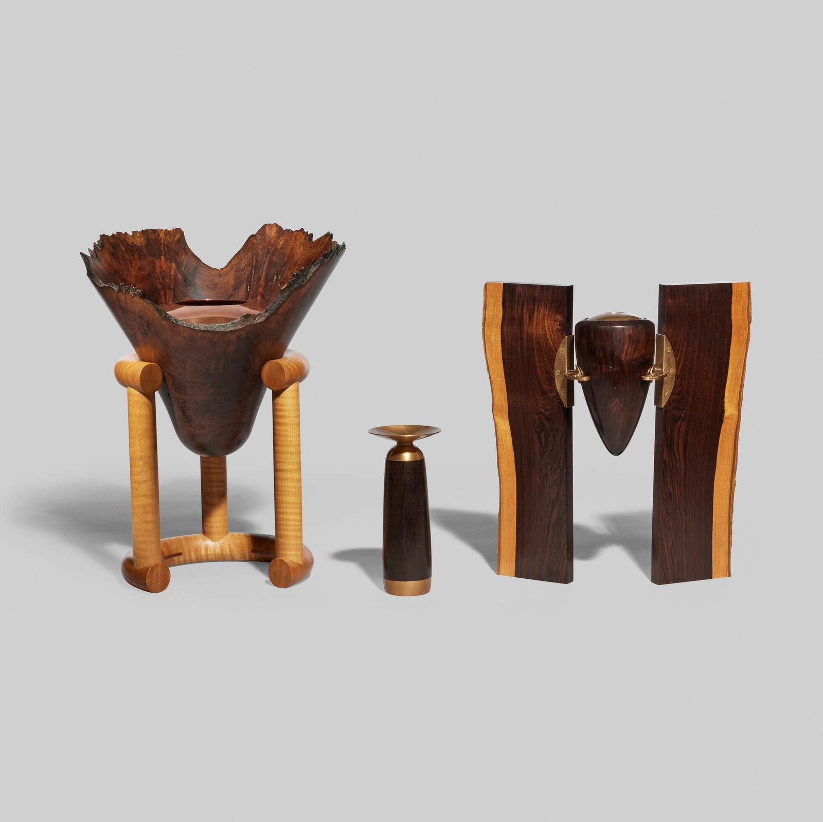 William Moore, Pompeii; Untitled (three works): William Moore Pompeii; Untitled (three works) 1990maple, black walnut, copper, cocobolo, bronze, ebony, coppered bronze 12.75 h x 10 w x 8.75 d in (32 x 25 x 22 cm) 11.25 h x 10 w x 4 d in (29 x 2