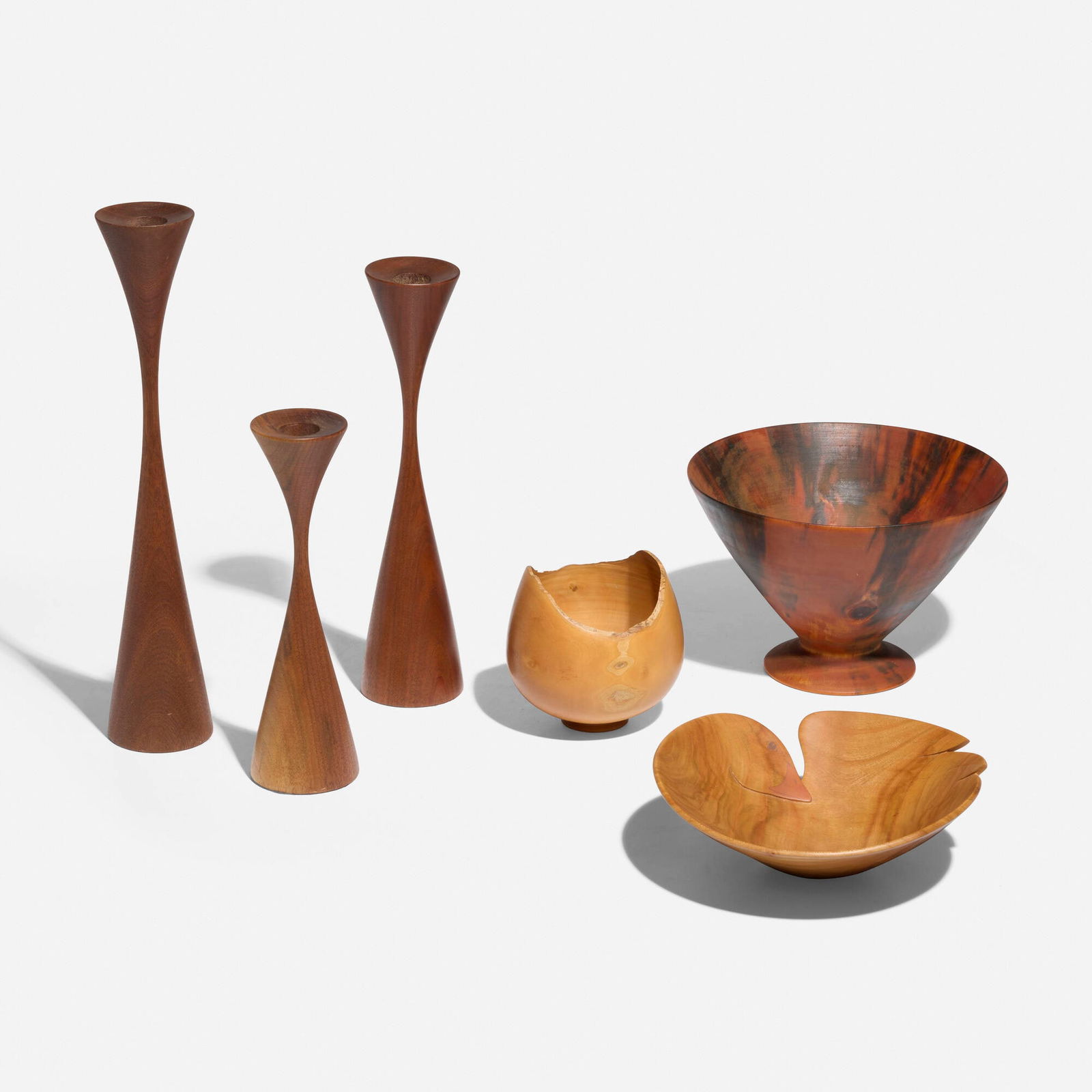 Ron and Myra Kent, Rude Osolnik, Dan Kvitka, and Michael O'Donnell, Collection of six works: Ron and Myra Kent, Rude Osolnik, Dan Kvitka, and Michael O'Donnell Collection of six works c. 1980, 1985plum, walnut, Norfolk Island pine tallest: 12.25 h x 2.375 dia in (31 x 6 cm) shortest: 2.37