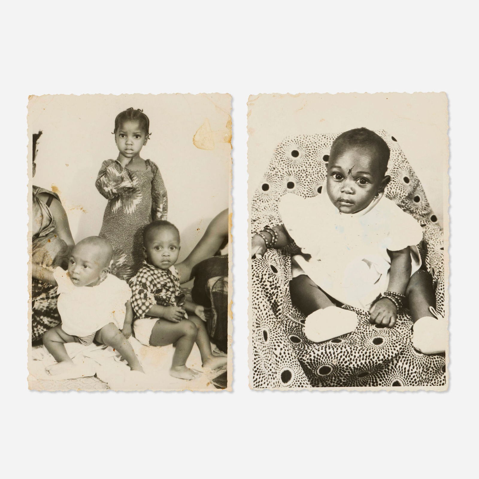 Malick Sidibe, Studio shots (two works): Malick Sidibe Studio shots (two works) 1972, 1977gelatin silver print 4.875 h x 3.25 w in (12 x 8 cm) Dated to artist's studio stamp to verso of each work '17 Juin 1977' and '29 Mars 1972'.
