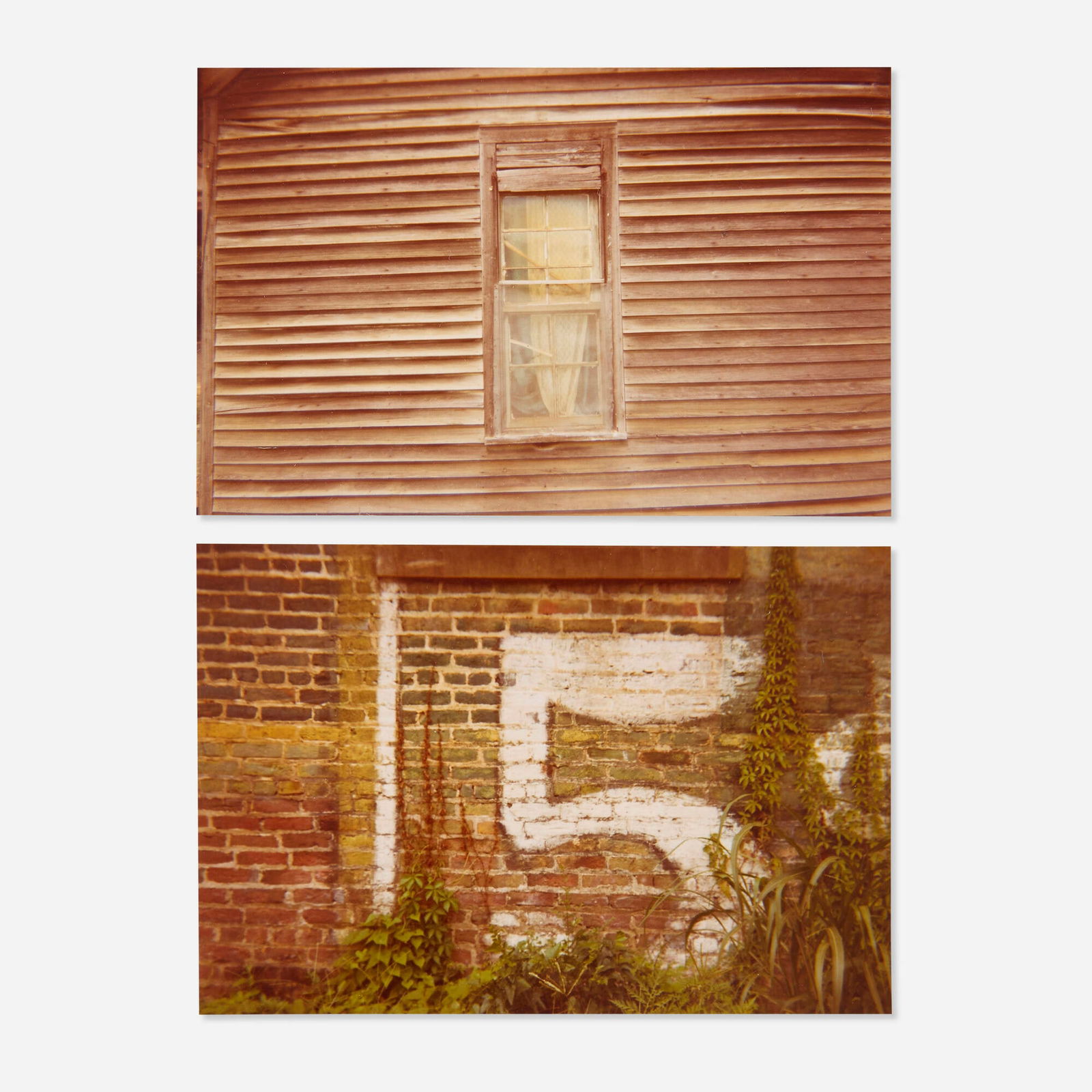 William Christenberry, Window with Curtains, Greensboro, Alabama; Untitled (5-cent wall) (two works): William Christenberry Window with Curtains, Greensboro, Alabama; Untitled (5-cent wall) (two works) 1975; 1976C-print 8 h x 10 w in (20 x 25 cm) 5.125 h x 6.75 w in (13 x 17 cm) Signed, dat