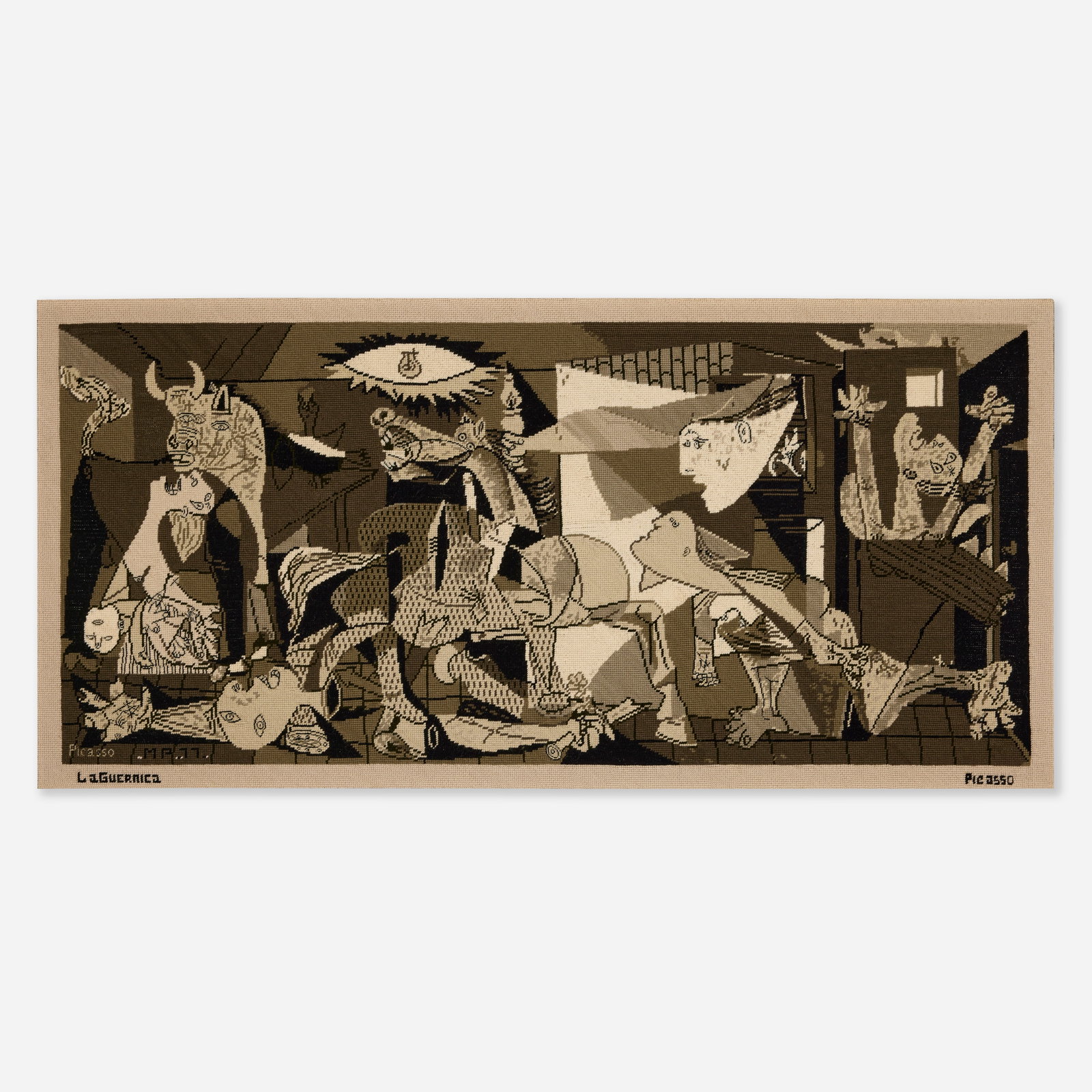 Artist Unknown, Picasso La Guernica cross stitch: Artist Unknown Picasso La Guernica cross stitch 1977 yarn 24.625 h × 51 w in (63 × 130 cm) Stitched signature, title, date and inscription to lower edge ‘Picasso M.P. 77 La