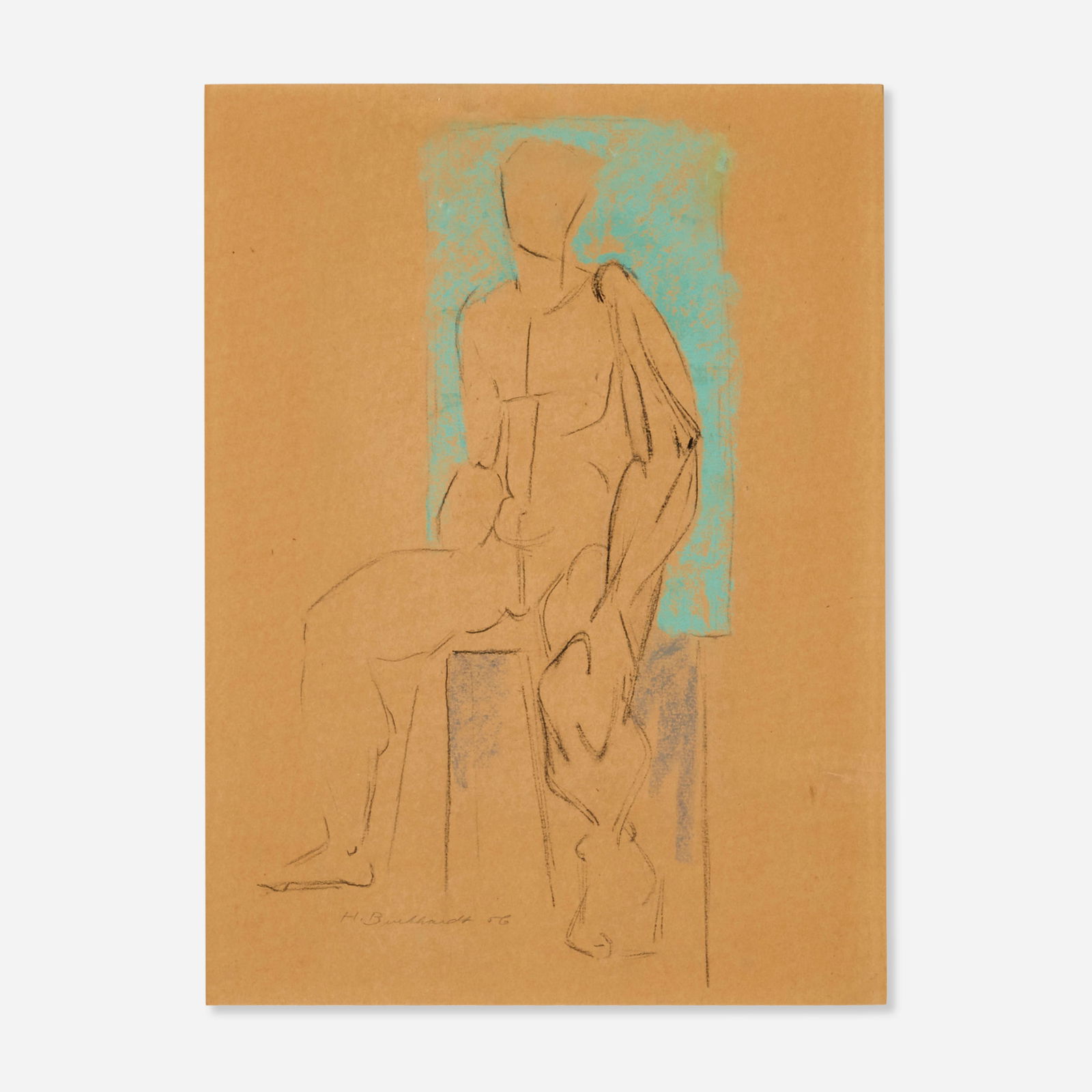 Hans Burkhardt, Study of a Seated Male Nude: Hans Burkhardt Study of a Seated Male Nude 1956charcoal and pastel on paper sight: 19.25 h × 14.25 w in (49 × 36 cm) Signed and dated to lower left ‘H. Burkhardt 56’