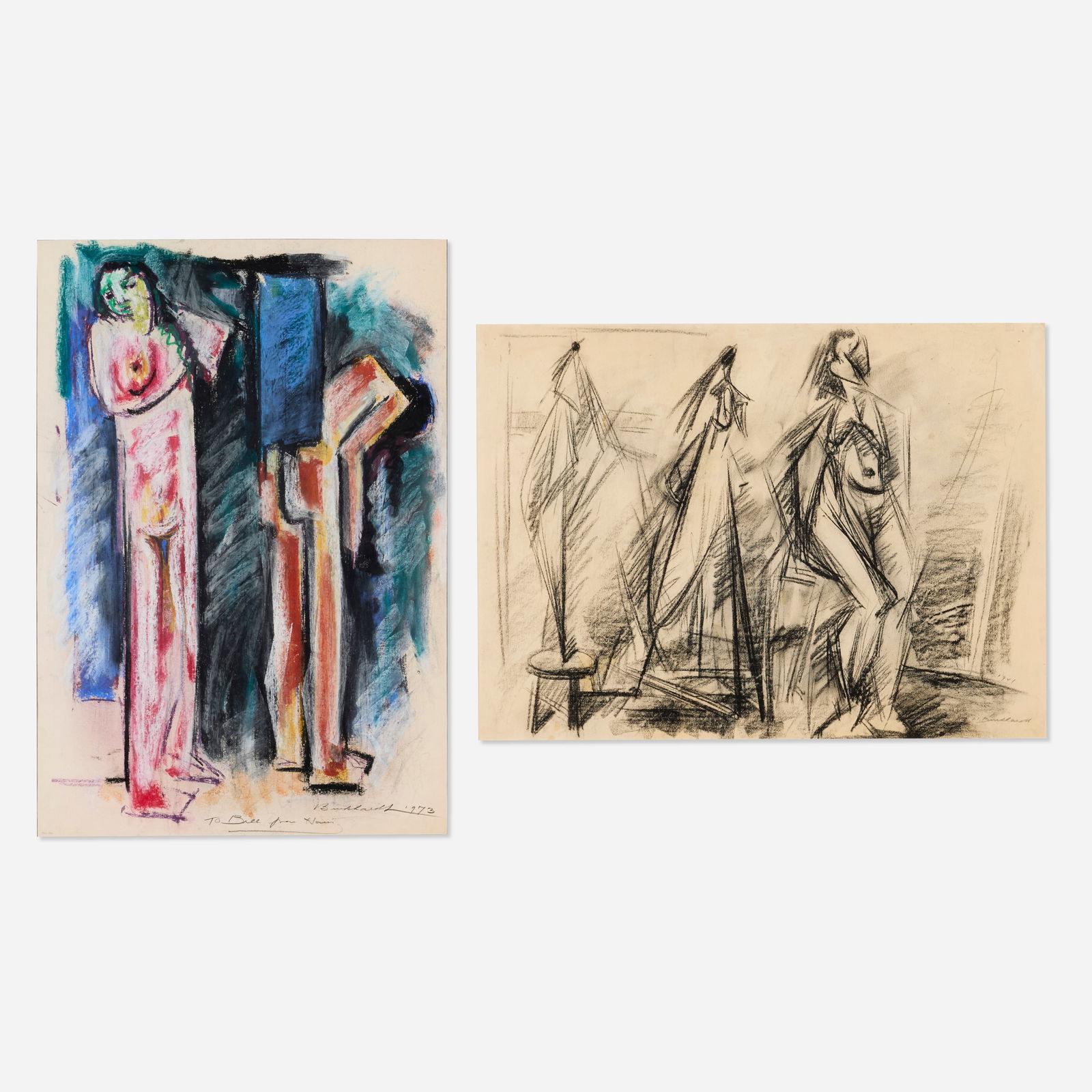 Hans Burkhardt, Untitled (two works): Hans Burkhardt Untitled (two works) 1941, 1973charcoal on paper; charcoal and pastel on paper sight: 25.25 h × 17.5 w in (64 × 44 cm) sight: 18 h × 24.5 w in (46 × 62 cm