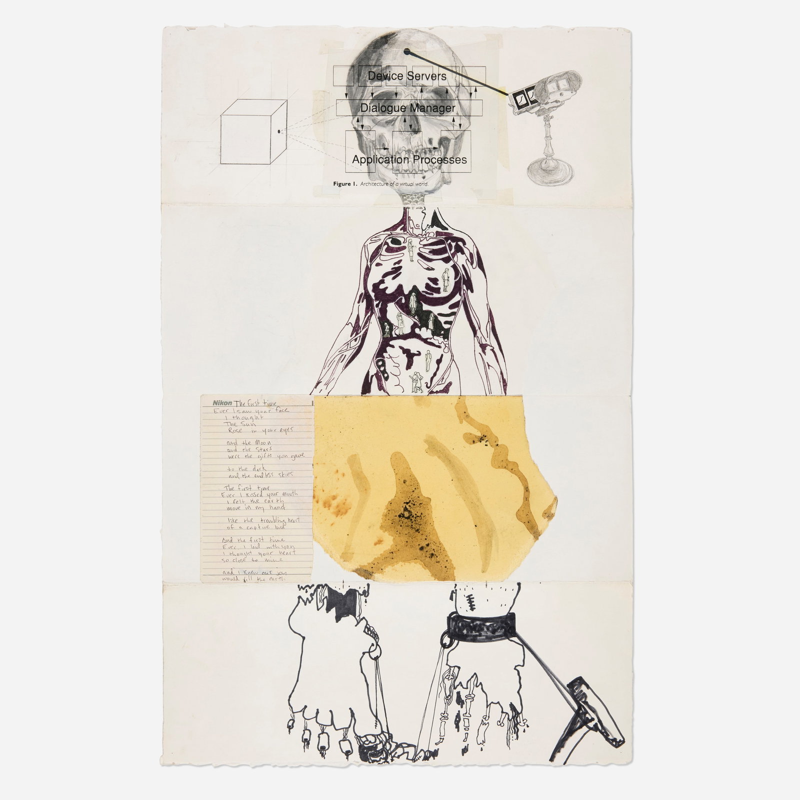 Various Artists, Exquisite Corpse: Various Artists Exquisite Corpse mixed media, cigarette ash, wine, soy sauce, soil, saliva, varnish, ink and Sharpie on paper 22.25 h × 14.5 w in (57 × 37 cm) According to Museum of M