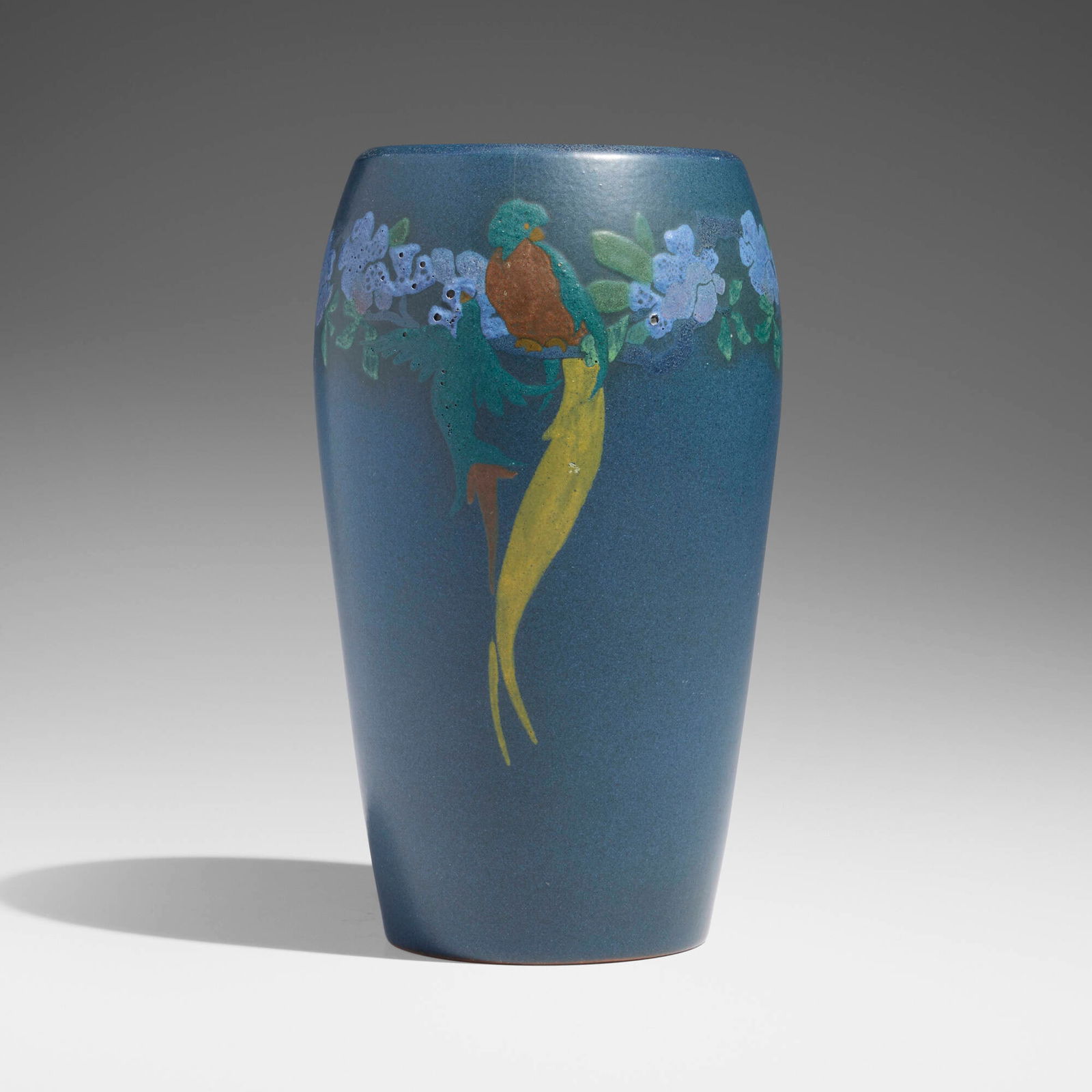 Marblehead Pottery, Vase with exotic birds and flowers: Marblehead Pottery Vase with exotic birds and flowers USA, c. 1920glazed earthenware 8.625 h x 5 dia in (22 x 13 cm) Impressed manufacturer's mark to underside 'MP' with ship symbol and origin