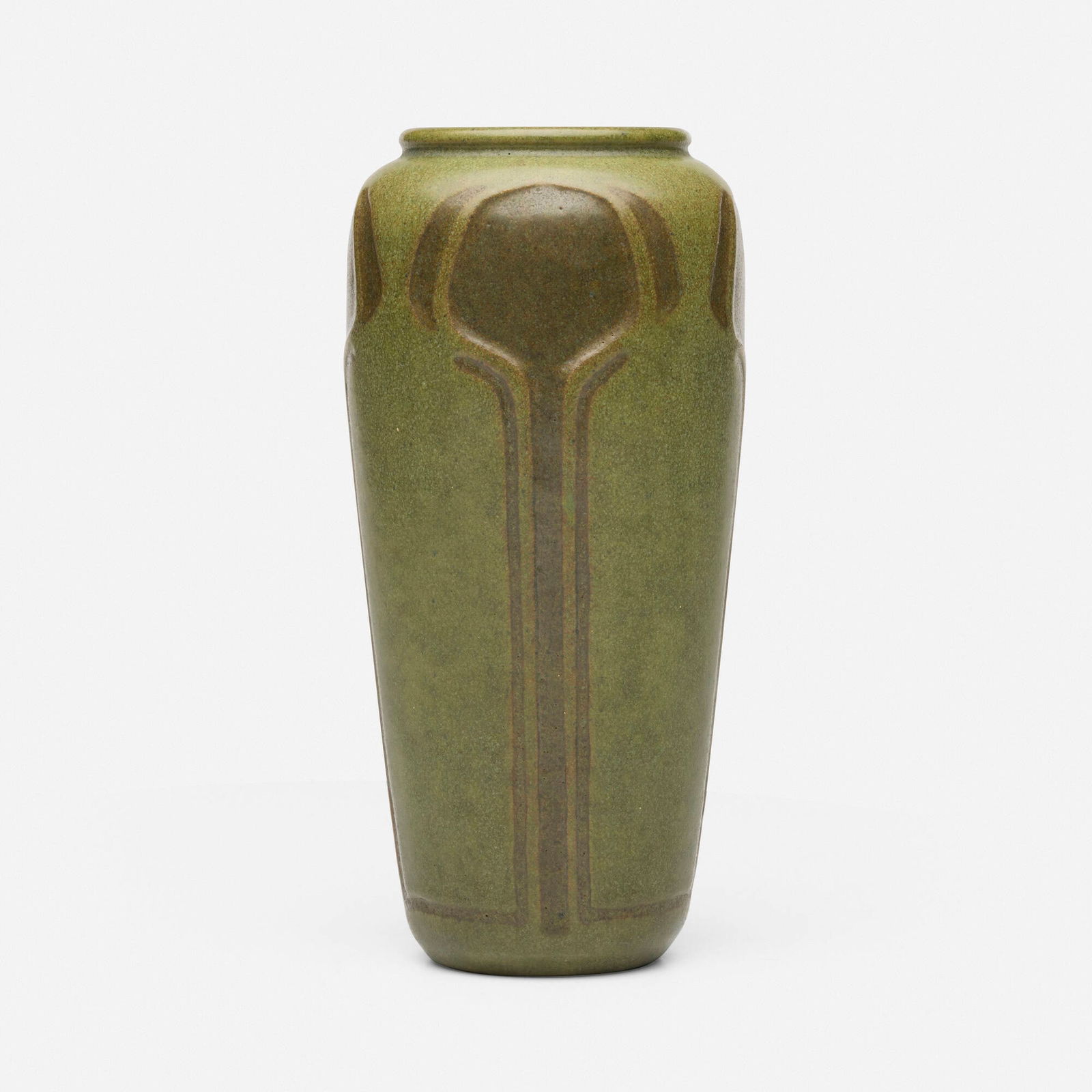 Marblehead Pottery, Rare vase with conventionalized plants: Marblehead Pottery Rare vase with conventionalized plants USA, c. 1910carved and glazed earthenware 8.5 h x 4 dia in (22 x 10 cm) Impressed manufacturer's mark to underside 'MP' with ship symb