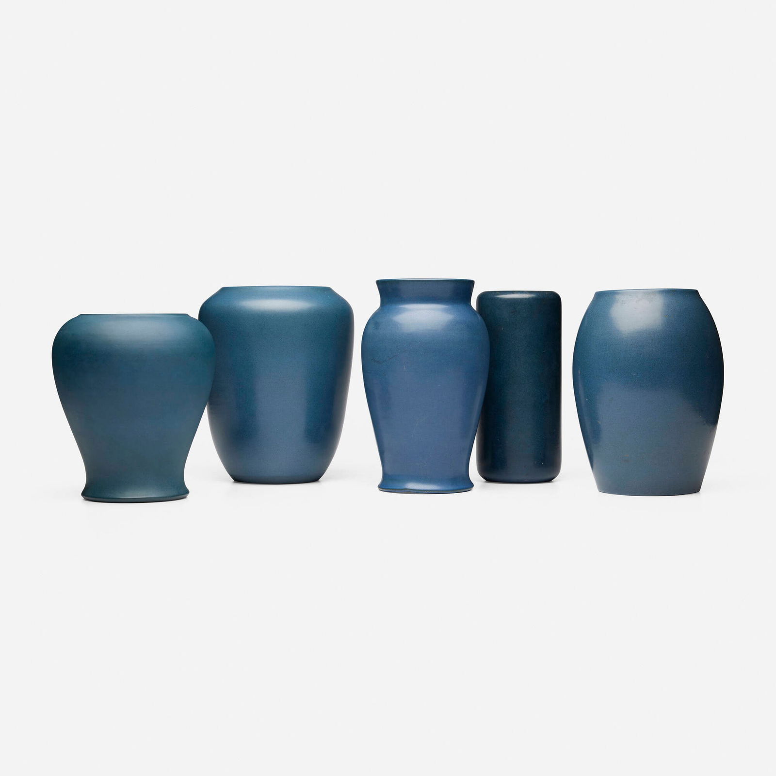 Marblehead Pottery, Collection of five vases: Marblehead Pottery Collection of five vases USA, c. 1920glazed earthenware tallest: 9.5 h x 5.5 dia in (24 x 14 cm) shortest: 8 h x 6.75 dia in (20 x 17 cm) Impressed manufacturer's mark to