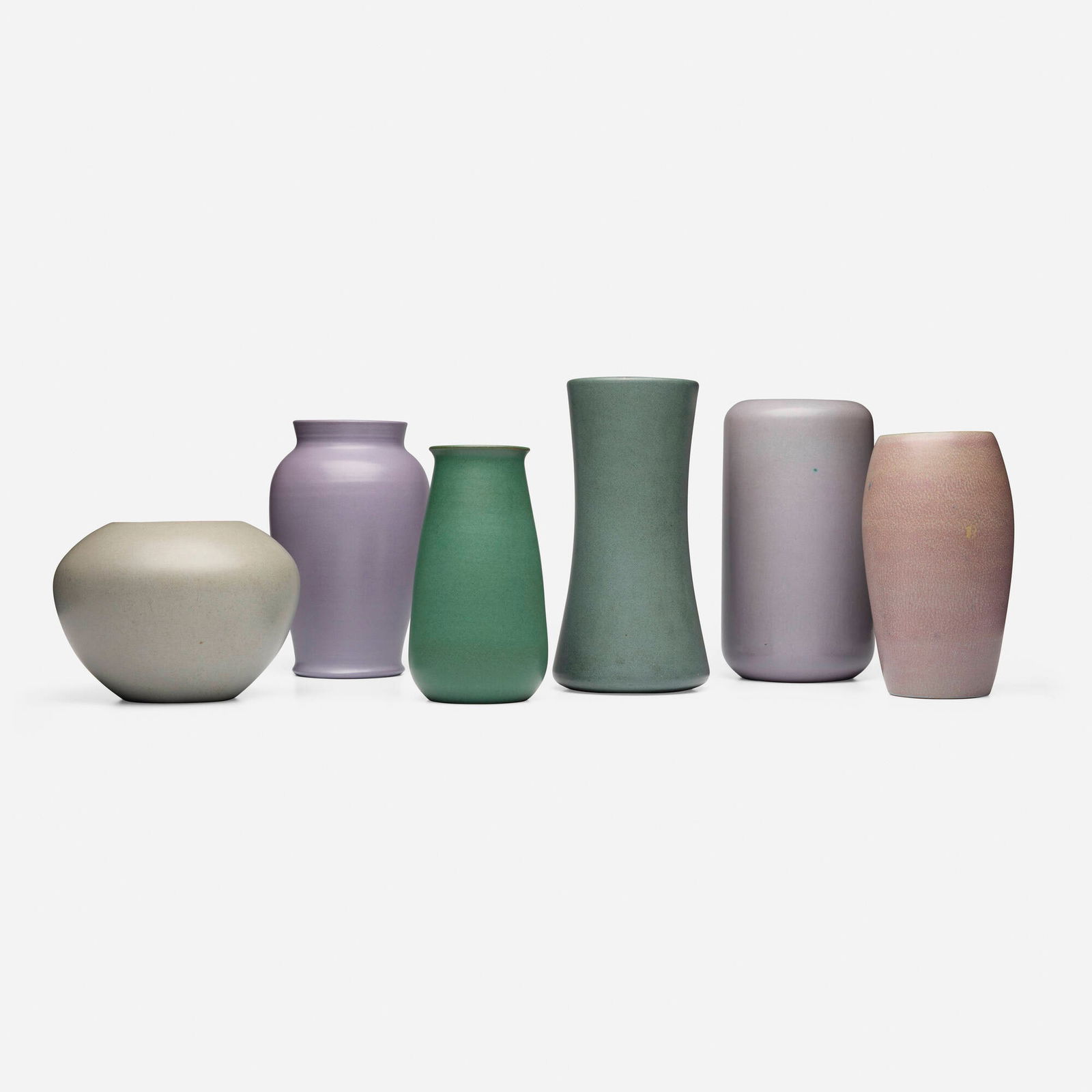 Marblehead Pottery, Collection of six vases: Marblehead Pottery Collection of six vases USA, c. 1920glazed earthenware tallest: 10.5 h x 5.5 dia in (27 x 14 cm) shortest: 5.75 h x 7.75 dia in (15 x 20 cm) Impressed manufacturer's mark