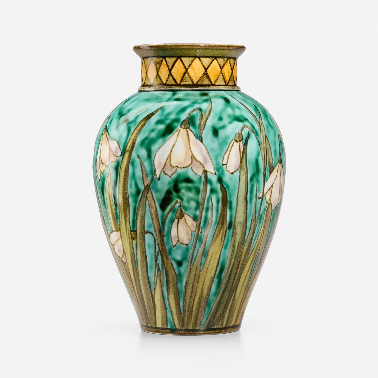 John Bennett, Vase with snowdrops: John Bennett Vase with snowdrops England/USA, 1877glazed earthenware 6.625 h x 4.5 dia in (17 x 11 cm) Glazed signature and date to underside 'CB JBennett 101 Lex Ave N.Y. 1877'. <