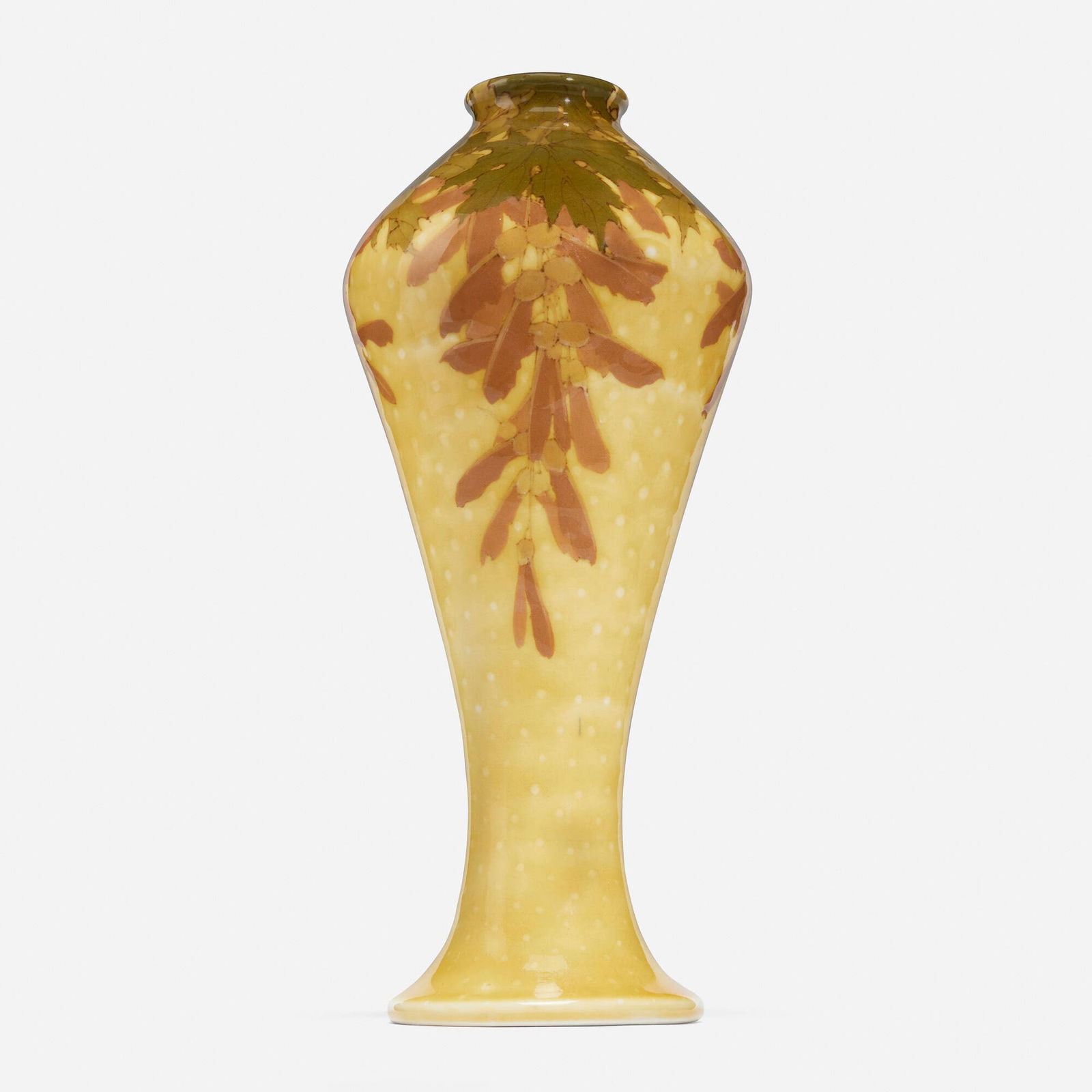 Emile Diffloth for University City, Fine and Tall vase with maple seed pods: Emile Diffloth for University City Fine and Tall vase with maple seed pods USA, 1910glazed porcelain 12.625 h x 5.75 w in (32 x 15 cm) Glazed signature to lower edge 'Dith'. Stamped manufactur