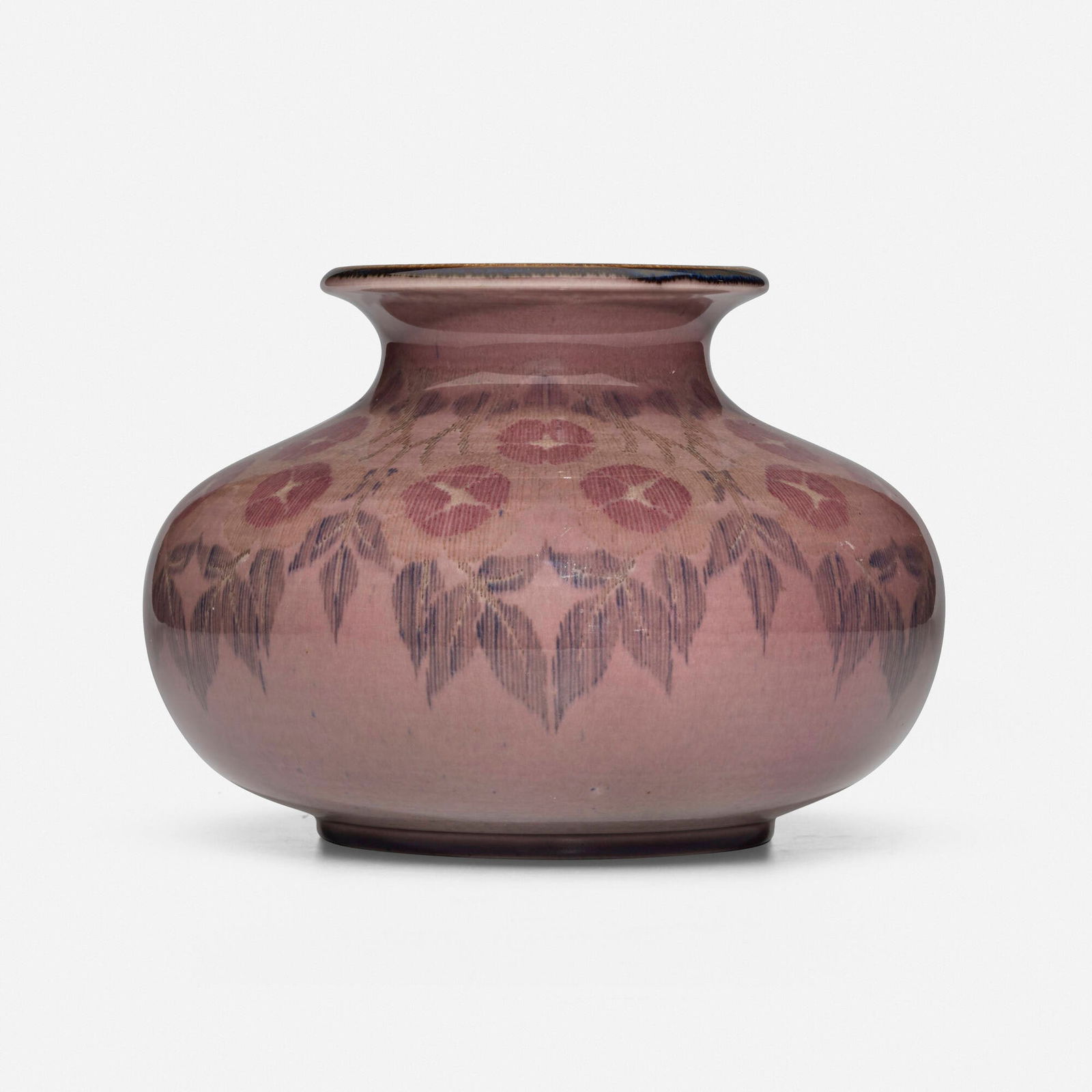 Sara Sax for Rookwood Pottery, Rare Pink Tinted vase with stylized flowers: Sara Sax for Rookwood Pottery Rare Pink Tinted vase with stylized flowers USA, 1924glazed porcelain 6.75 h x 9 dia in (17 x 23 cm) Impressed manufacturer's mark, date and number to underside '