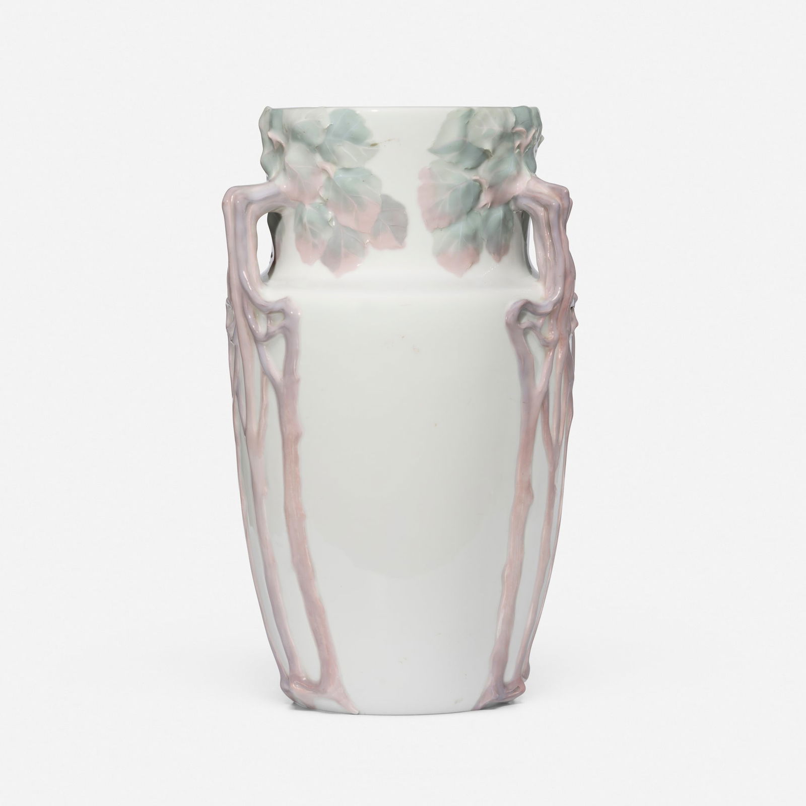 Karl Lindstrom for Rorstrand, Monumental vase with leafy branches: Karl Lindstrom for Rorstrand Monumental vase with leafy branches Sweden, c. 1900carved and glazed porcelain 18.25 h x 11.25 dia in (46 x 29 cm) Vase features three handles. Stamped triple crow