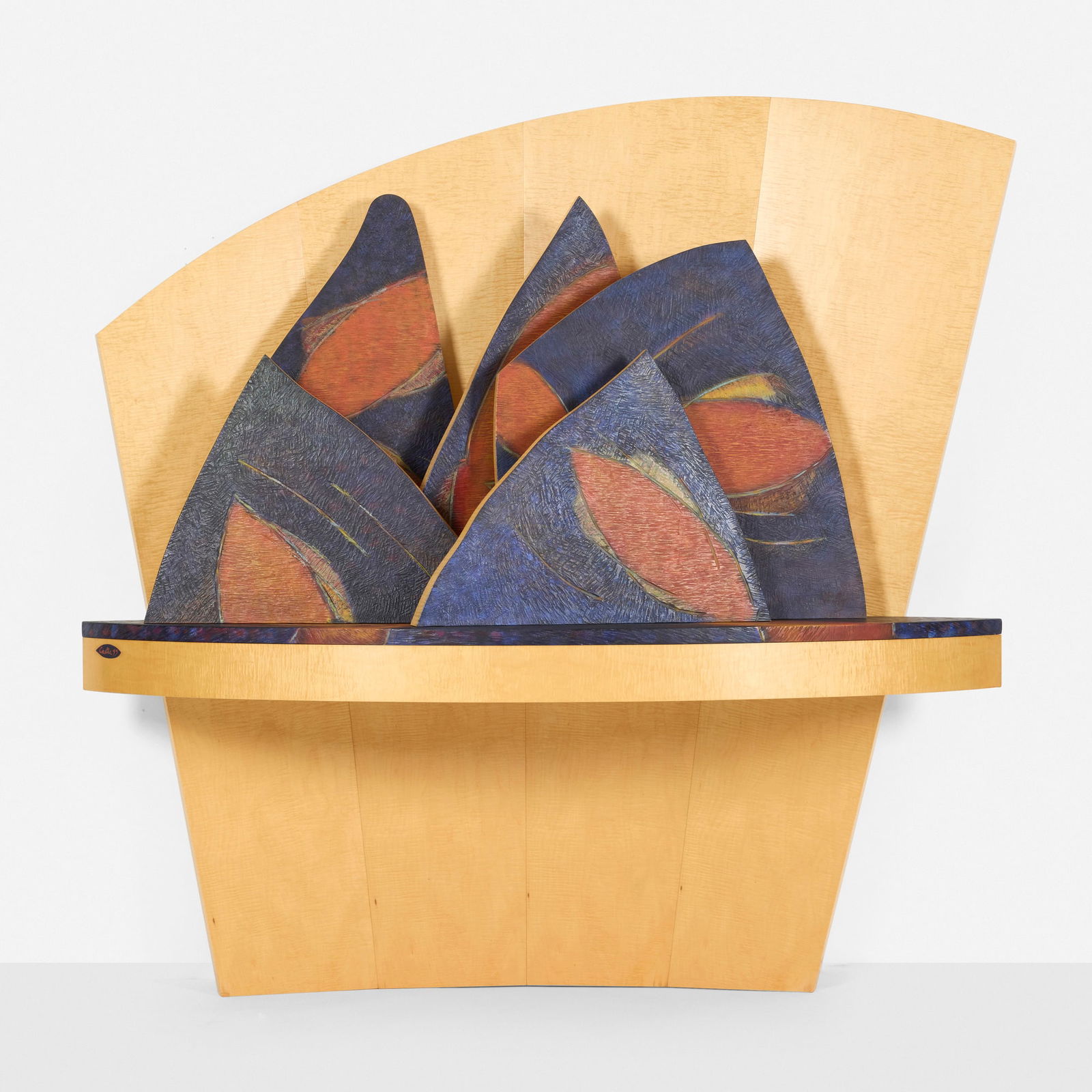 Wendell Castle, Transformer console table: Wendell Castle Transformer console table USA, 1993curly maple veneer, maple veneer, painted poplar, patinated bronze, painted Corian 86.25 h x 86 w x 28.5 d in (219 x 218 x 72 cm) Carved signa