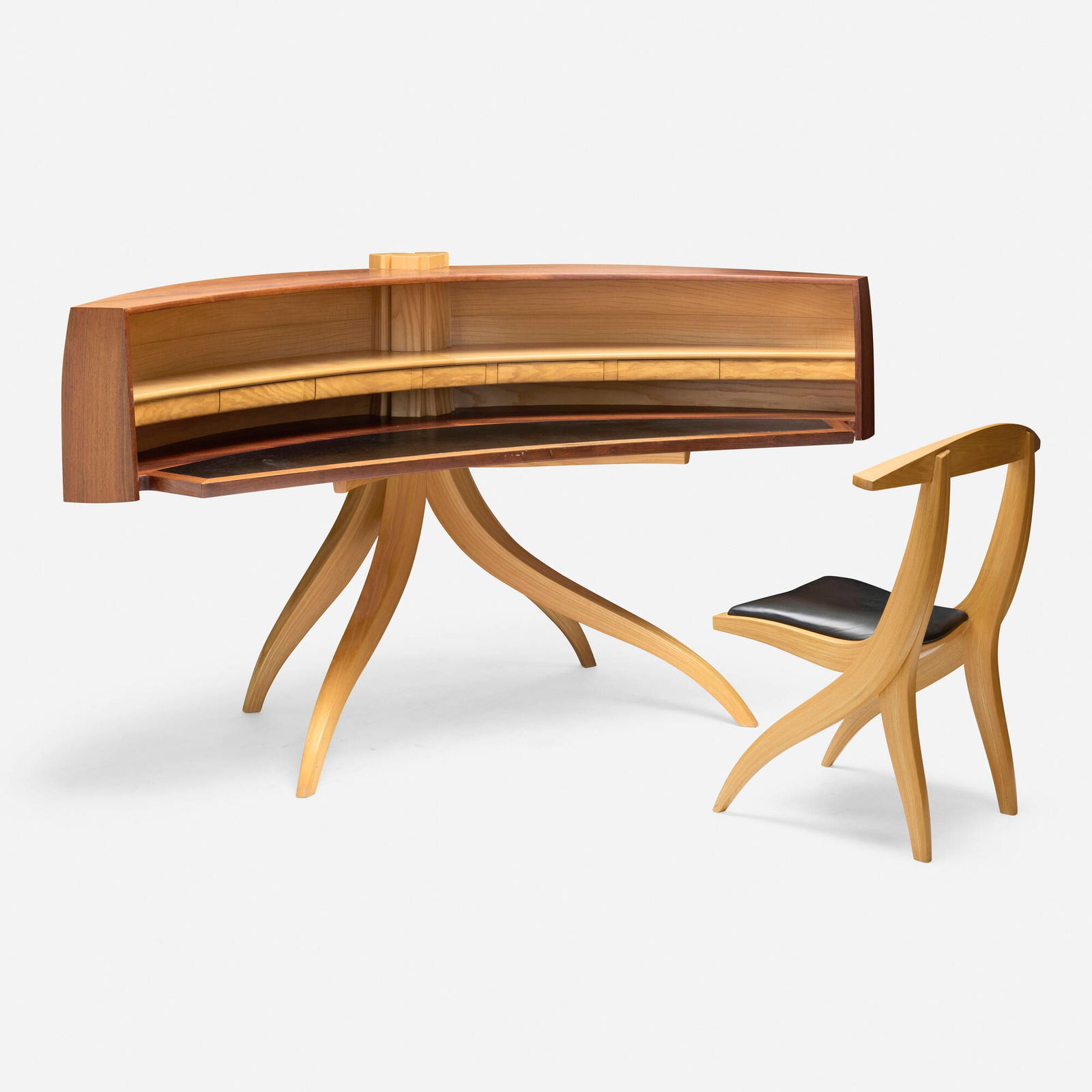 Jere Osgood, Desk and chair: Jere Osgood Desk and chair USA, 1989/91ash, mahogany, rosewood, leather desk: 45.75 h x 81.5 w x 32 d in (116 x 207 x 81 cm) chair: 35 h x 27 w x 22 d in (89 x 69 x 56 cm) Desk features fiv