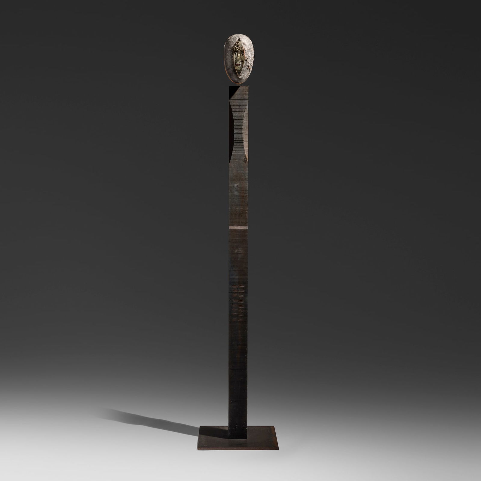 Bertil Vallien, Head 3 (087-0425): Bertil Vallien Head 3 (087-0425) Kosta Bodac. 2000painted wood, cast and polished glass, steel 70.5 h x 13.75 w x 13.75 d in (179 x 35 x 35 cm) Etched signature to lower edge side of hea