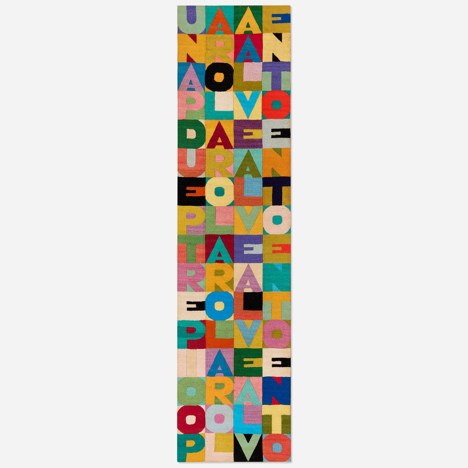 Alighiero Boetti, Una parola al vento due parole al vento tre parole al vento 100 parole al vento: Alighiero Boetti Una parola al vento due parole al vento tre parole al vento 100 parole al vento 1989embroidery on linen 36.25 h x 9.125 w in (92 x 23 cm) Signed to tacking edge verso 'Alighie