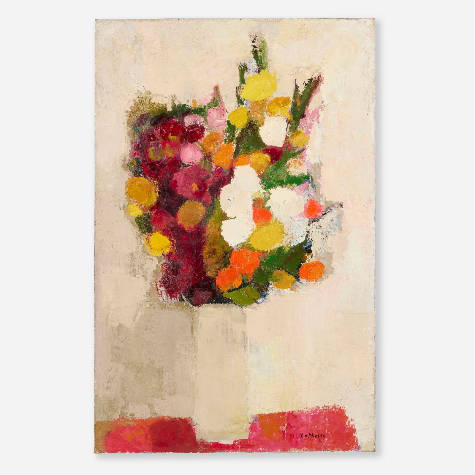 Bernard Cathelin, Bouquet au vase blanc: Bernard Cathelin Bouquet au vase blanc 1966oil on linen 39.5 h x 25.5 w in (100 x 65 cm) Signed and dated to lower right 'Cathelin 66'. Signed, titled and dated to verso 'Bouquet au vase blanc