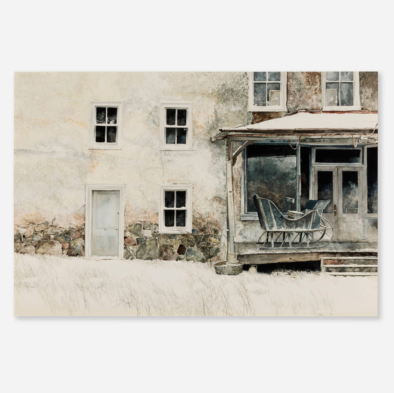 Peter Sculthorpe, Storefront with Sleigh: Peter Sculthorpe Storefront with Sleigh watercolor and tempera on paper sight: 39 h x 58 w in (99 x 147 cm) Signed to lower right 'P. Sculthorpe ?'. This work will ship from Lamb
