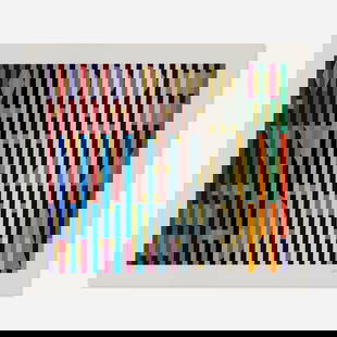 Yaacov Agam, Split Space (Gold): Yaacov Agam Split Space (Gold) 1982 screenprint in colors with die-cut over embossed gold foil on heavy paper image: 17.75 h x 20.25 w in (45 x 51 cm) sight: 21.375 h x 24 w in (54 x 61 cm) Signed