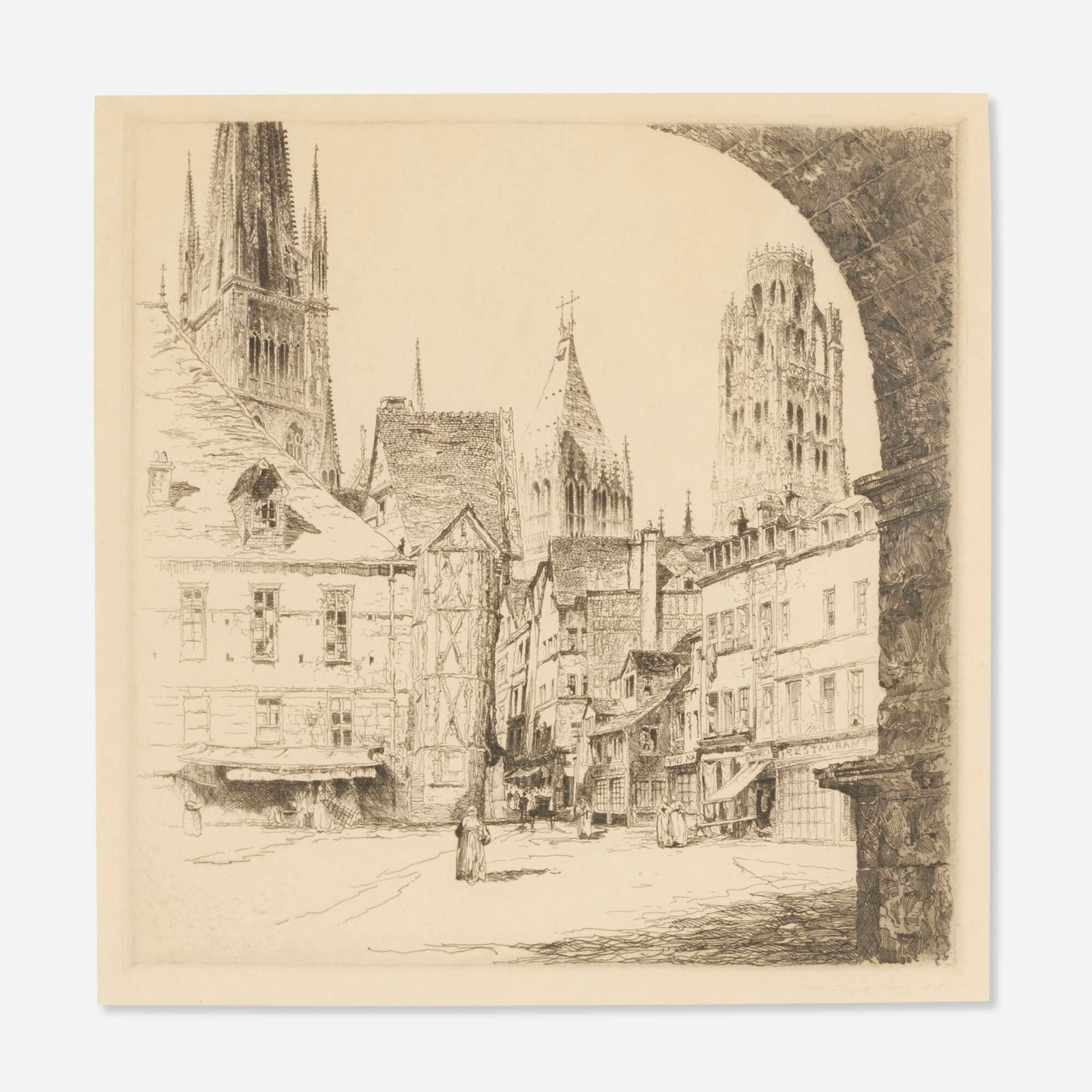 John Taylor Arms, Rouen: John Taylor Arms Rouen 1925etching image: 8 h x 8 w in (20 x 20 cm) sight: 8.75 h x 8.625 w in (22 x 22 cm) Signed and dated to lower right 'John Taylor Arms - 1925'. This work is from the