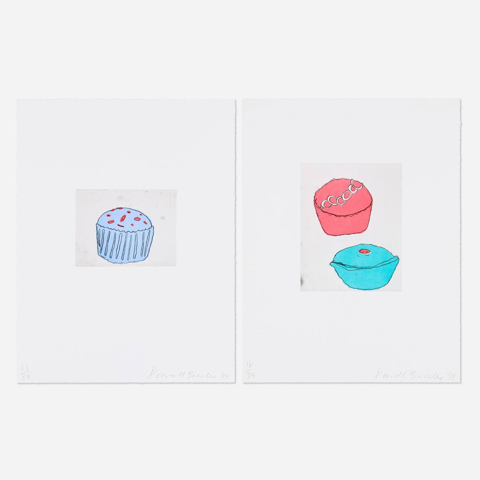 Donald Baechler, Blue Muffin; Red + Blue Cupcakes (two works): Donald Baechler Blue Muffin; Red + Blue Cupcakes (two works) 1999etching and aquatint in colors image: 6 h x 7.75 w in (15 x 20 cm) image: 9.875 h x 7.875 w in (25 x 20 cm) sheet (each): 22 h x
