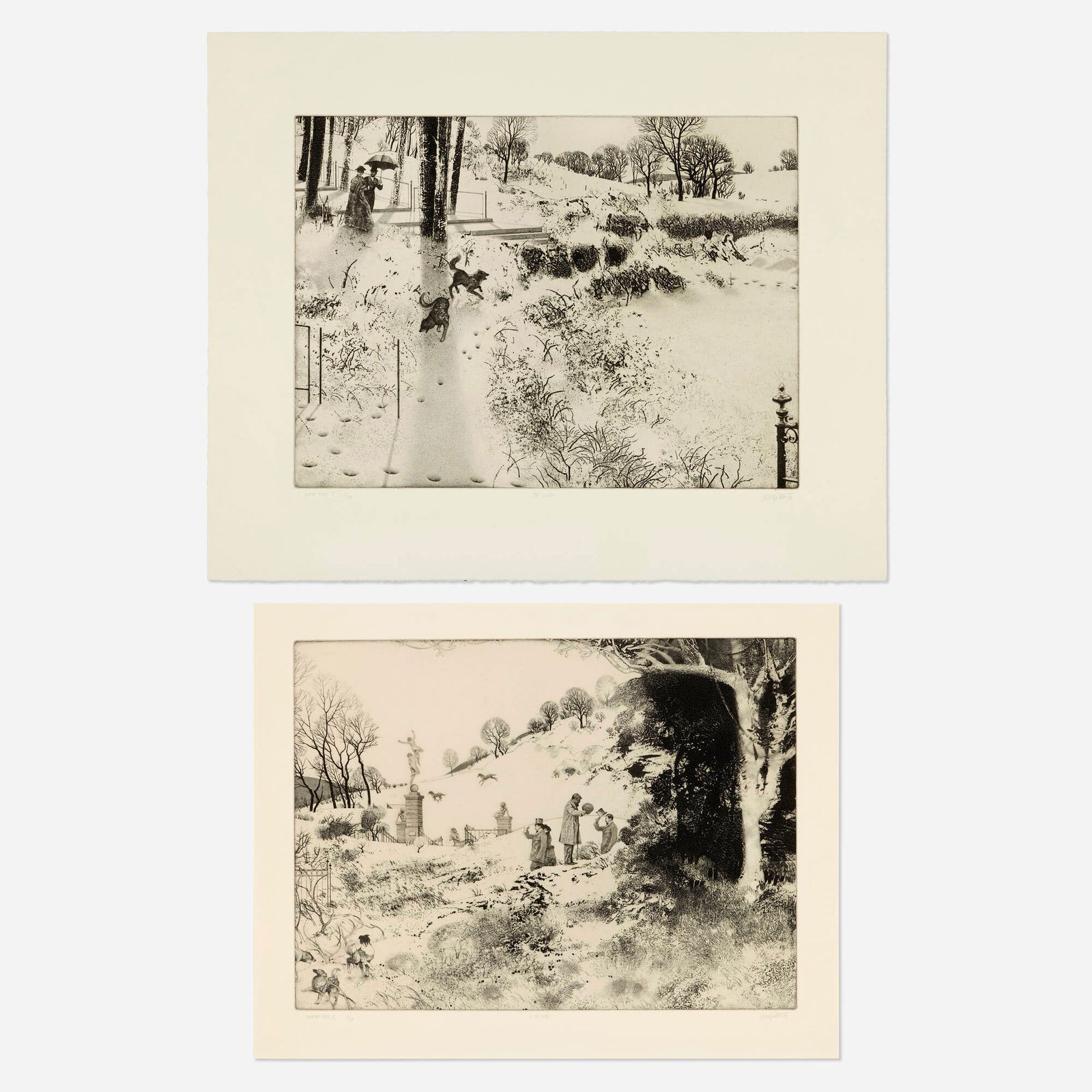 Peter Milton, Country Pieces I: The Couple; Country Pieces II: In the Park (two works): Peter Milton Country Pieces I: The Couple; Country Pieces II: In the Park (two works) 1979etching and drypoint on BFK Rives image (each): 17.625 h x 23.875 w in (45 x 61 cm) sheet (each): 25.625 h