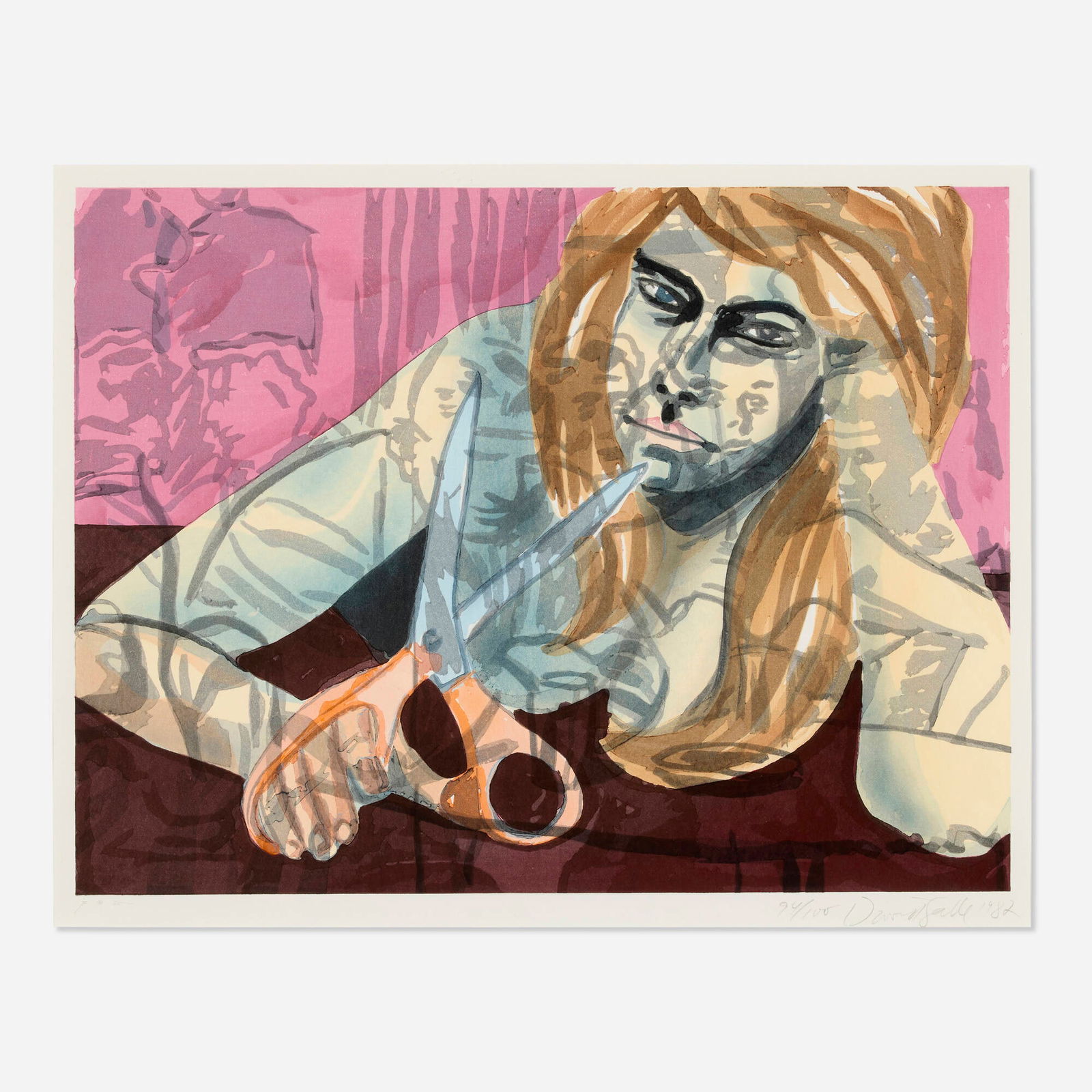 David Salle, Portrait with Scissors and Nightclub: David Salle Portrait with Scissors and Nightclub 1982woodcut in colors on Echizen Kozo Nimai-Zuki image: 18 h x 24 w in (46 x 61 cm) sight: 19.5 h x 25 w in (50 x 63 cm) Signed, dated and n