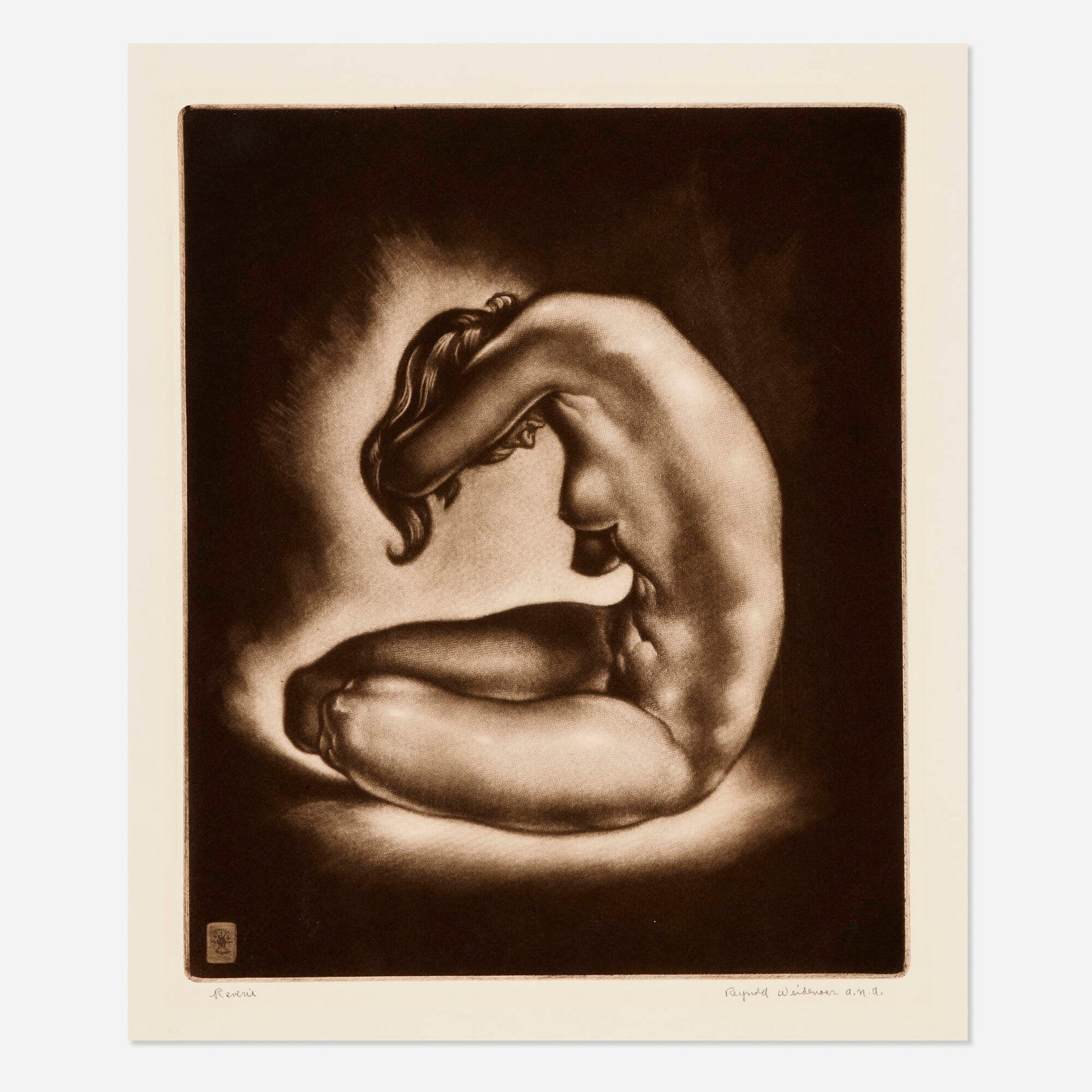 Reynold Henry Weidenaar, Reverie: Reynold Henry Weidenaar Reverie 1950 mezzotint image: 13 h x 10.75 w in (33 x 27 cm) sheet: 14.75 h x 12.5 w in (37 x 32 cm) Signed and titled to lower edge 'Reverie Reynold Weidenaar a.n.d.