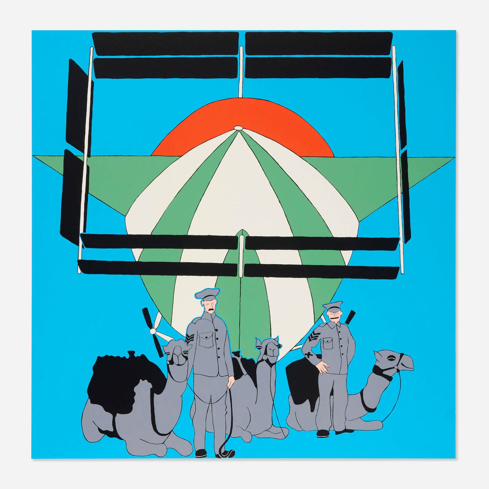 John Wesley, Anglo-Egyptian Camel Corps with a French Dirigible: John Wesley Anglo-Egyptian Camel Corps with a French Dirigible 1970screenprint in colors image: 28 h x 27.875 w in (71 x 71 cm) sheet: 40 h x 30 w in (102 x 76 cm) Signed and numbered to lo