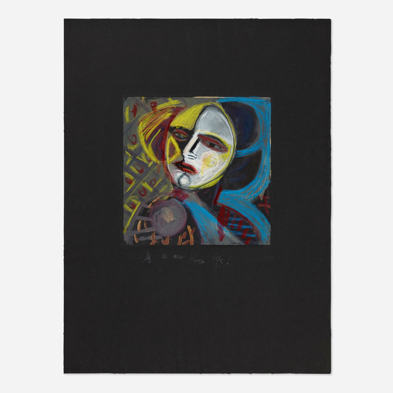 Pat Steir, Self As 1932 Picasso: Pat Steir Self As 1932 Picasso c. 1985monoprint with pastel additions image: 10.875 h x 10.875 w in (28 x 28 cm) sheet: 26.25 h x 20 w in (67 x 51 cm) Signed and titled to lower edge 'Self