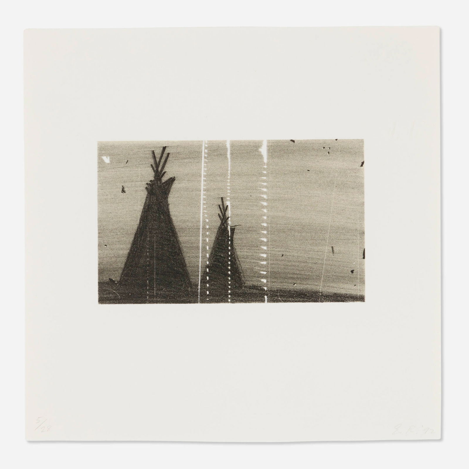 Ed Ruscha, Teepees (from the Cameo Cuts portfolio): Ed Ruscha Teepees (from the Cameo Cuts portfolio) 1992lithograph in colors image: 4.75 h x 7.625 w in (12 x 19 cm) sheet: 12 h x 12 w in (30 x 30 cm) Signed, dated and numbered to lower edg