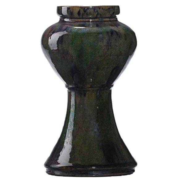 GEORGE OHR Large bulbous vase: GEORGE OHR Large bulbous vase, green, raspberry, cobalt, and yellow sponged-on glaze, Biloxi, MS, 1897-1900; Stamped G.E.OHR Biloxi, Miss.; 7" x 4"