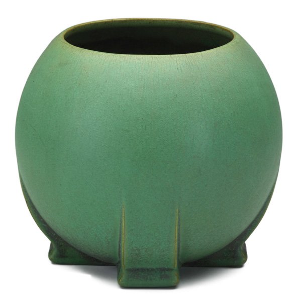 TECO Buttressed spherical vessel: TECO Buttressed spherical vessel, green glaze with charcoaling, Terra Cotta, IL, ca. 1905; Stamped Teco 270; 8" x 8"